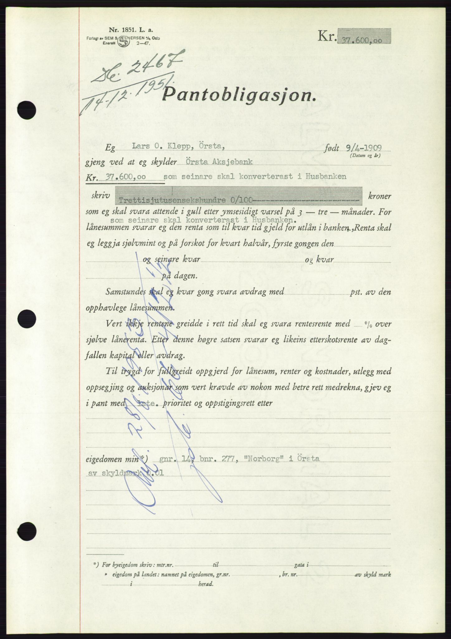 Søre Sunnmøre sorenskriveri, AV/SAT-A-4122/1/2/2C/L0121: Pantebok nr. 9B, 1951-1952, Dagboknr: 2467/1951