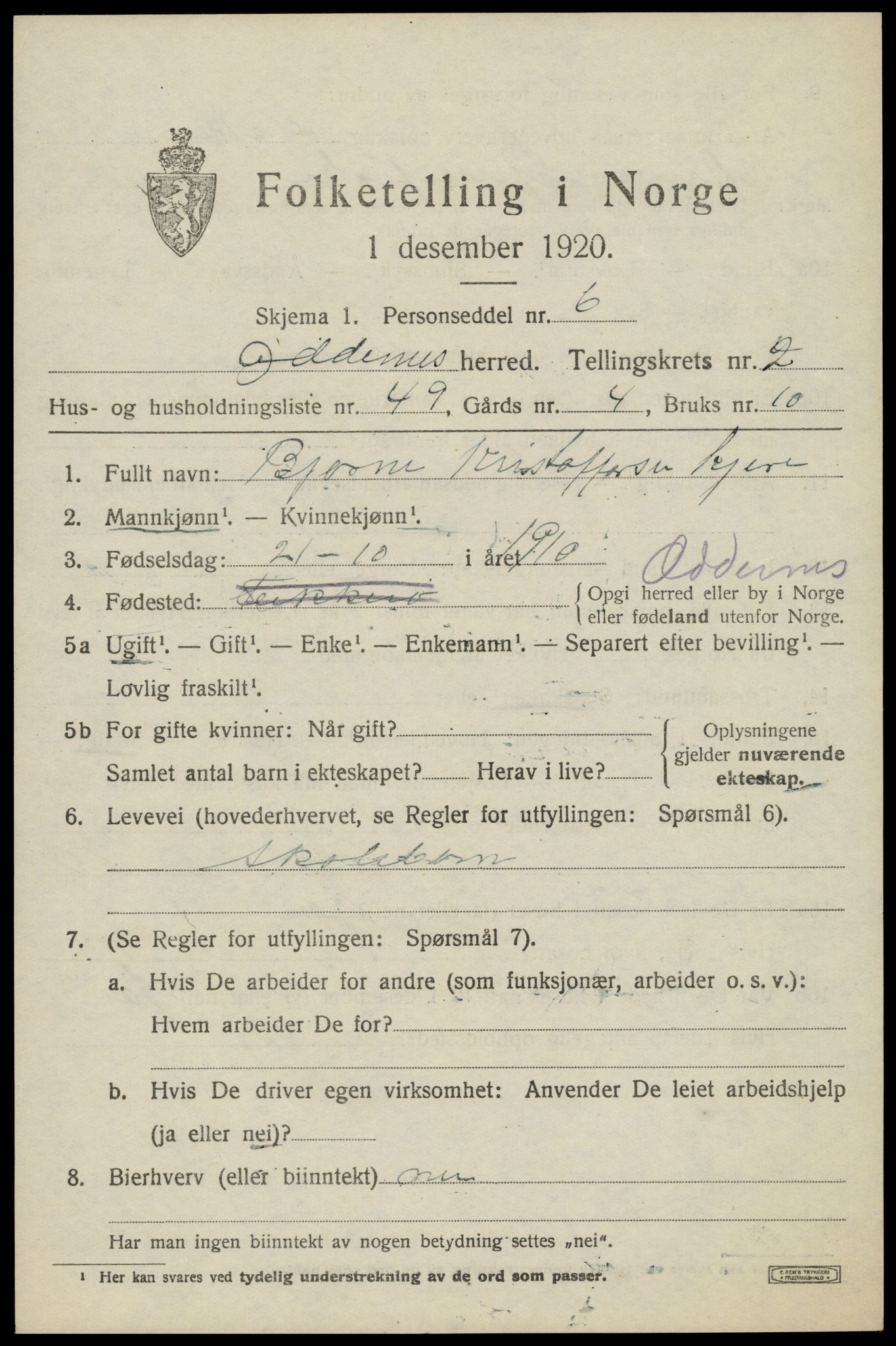 SAK, Folketelling 1920 for 1012 Oddernes herred, 1920, s. 3335