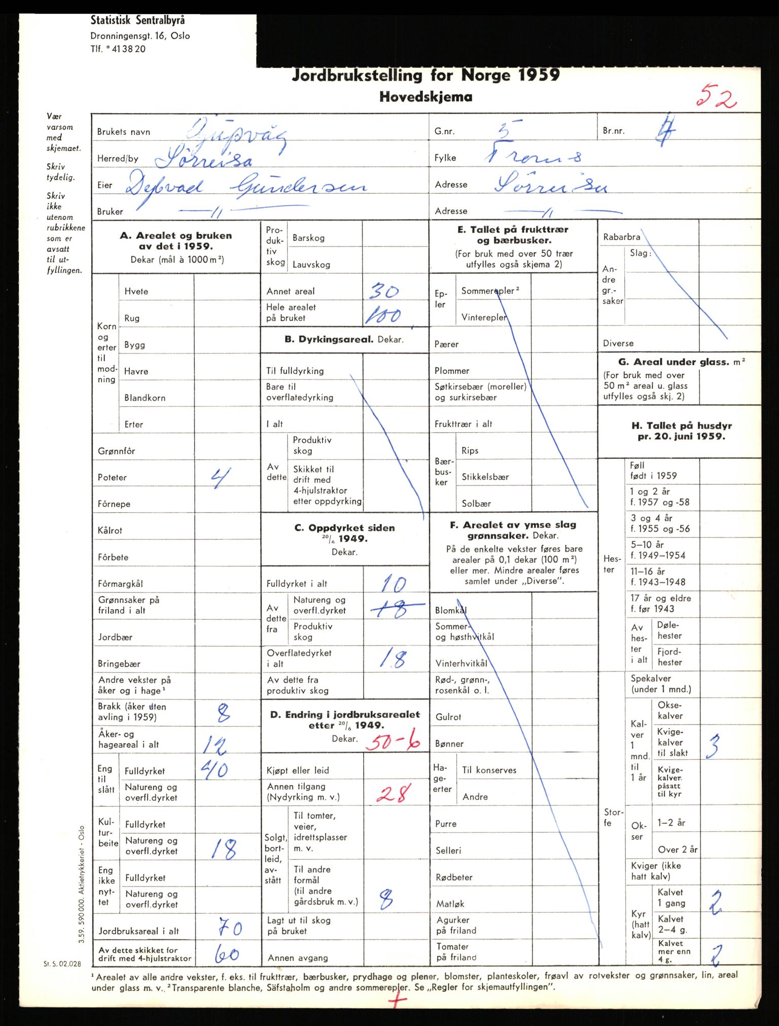 Statistisk sentralbyrå, Næringsøkonomiske emner, Jordbruk, skogbruk, jakt, fiske og fangst, AV/RA-S-2234/G/Gd/L0656: Troms: 1924 Målselv (kl. 0-3) og 1925 Sørreisa, 1959, s. 1169