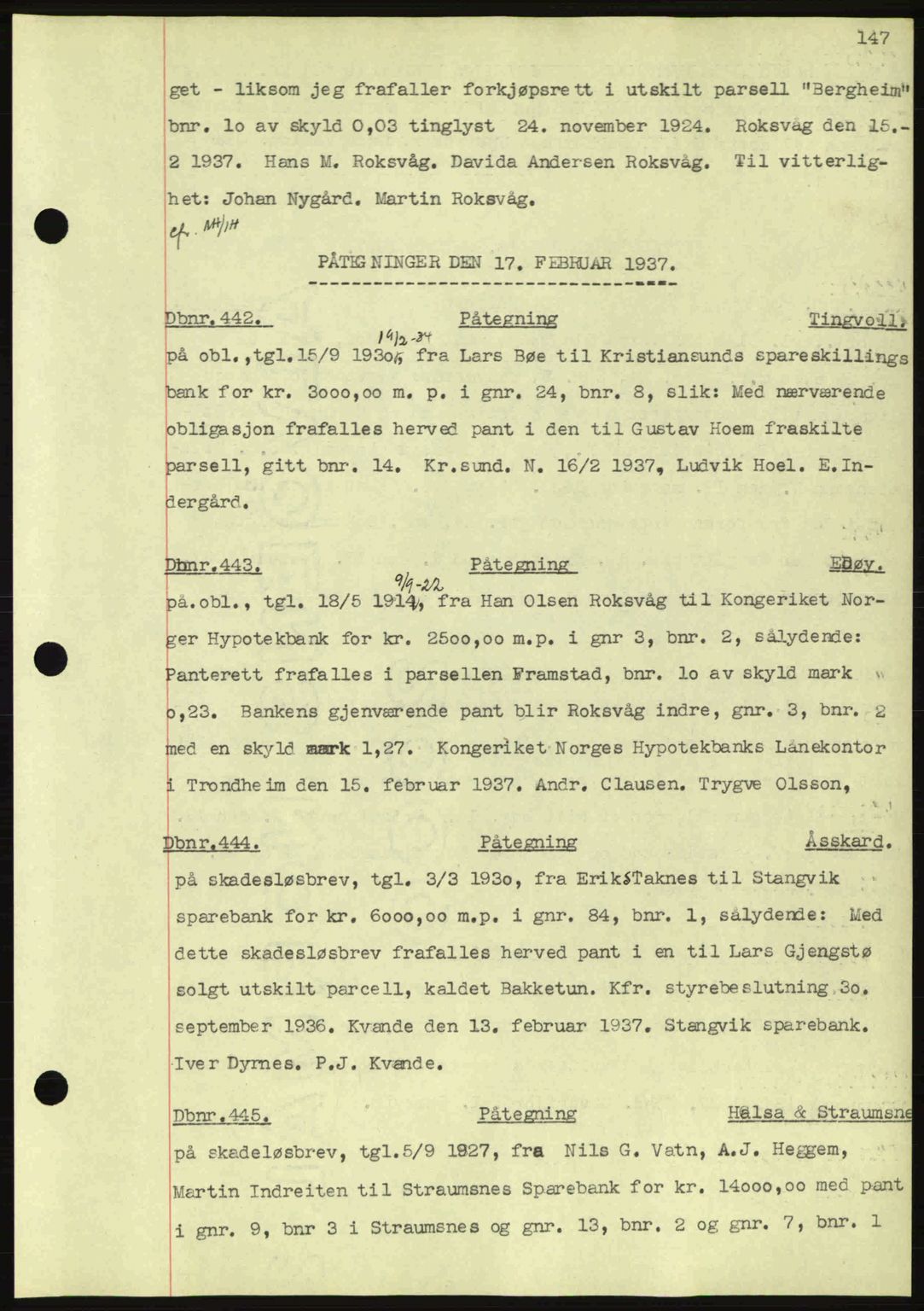 Nordmøre sorenskriveri, SAT/A-4132/1/2/2Ca: Pantebok nr. C80, 1936-1939, Dagboknr: 442/1937