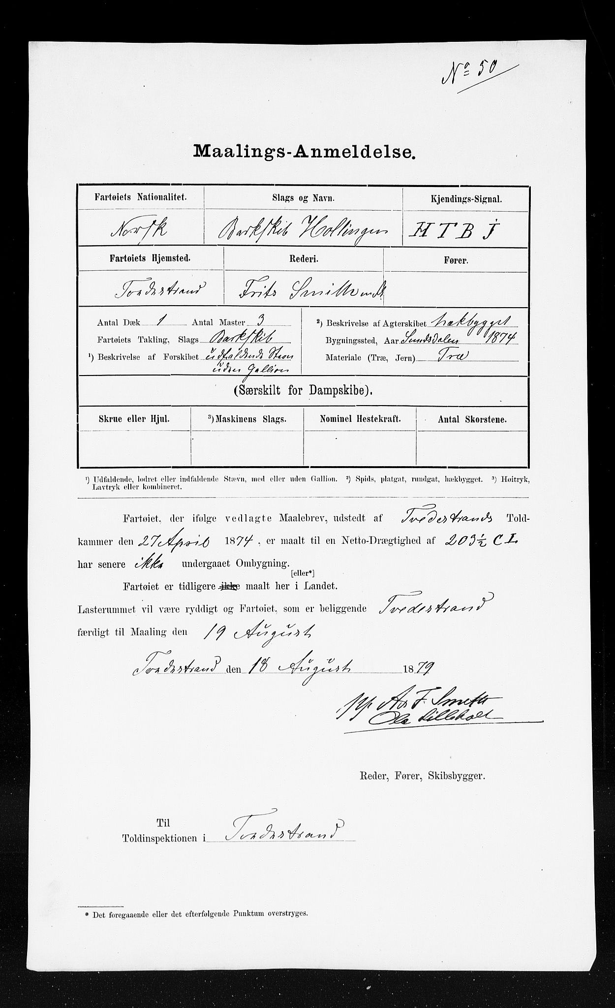 Tvedestrand tollsted, AV/SAK-1351-0011/H/Ha/L0144: Målebrev, 1871-1948, s. 249