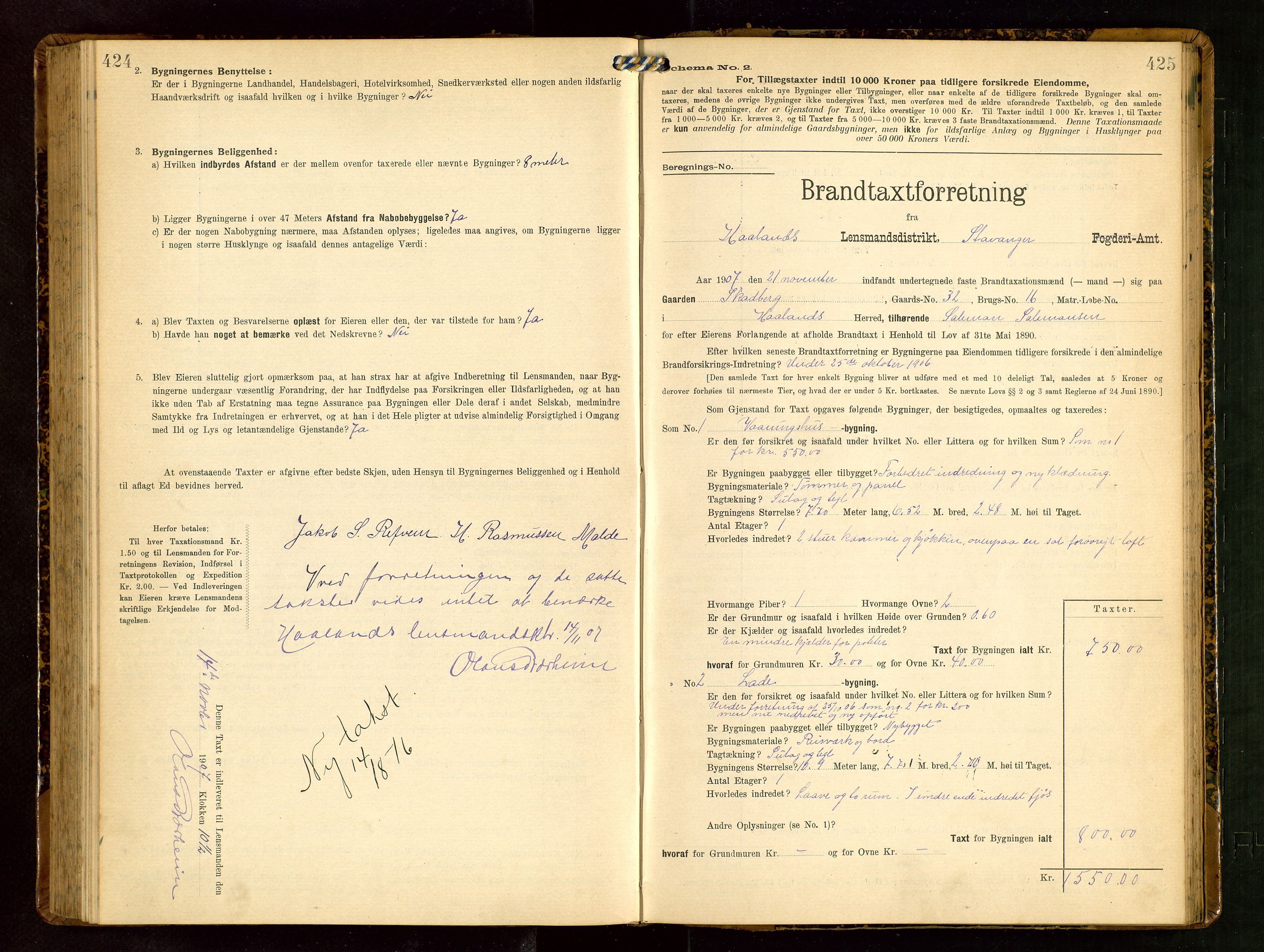 Håland lensmannskontor, SAST/A-100100/Gob/L0003: Branntakstprotokoll - skjematakst. Register i boken., 1909-1910, s. 424-425