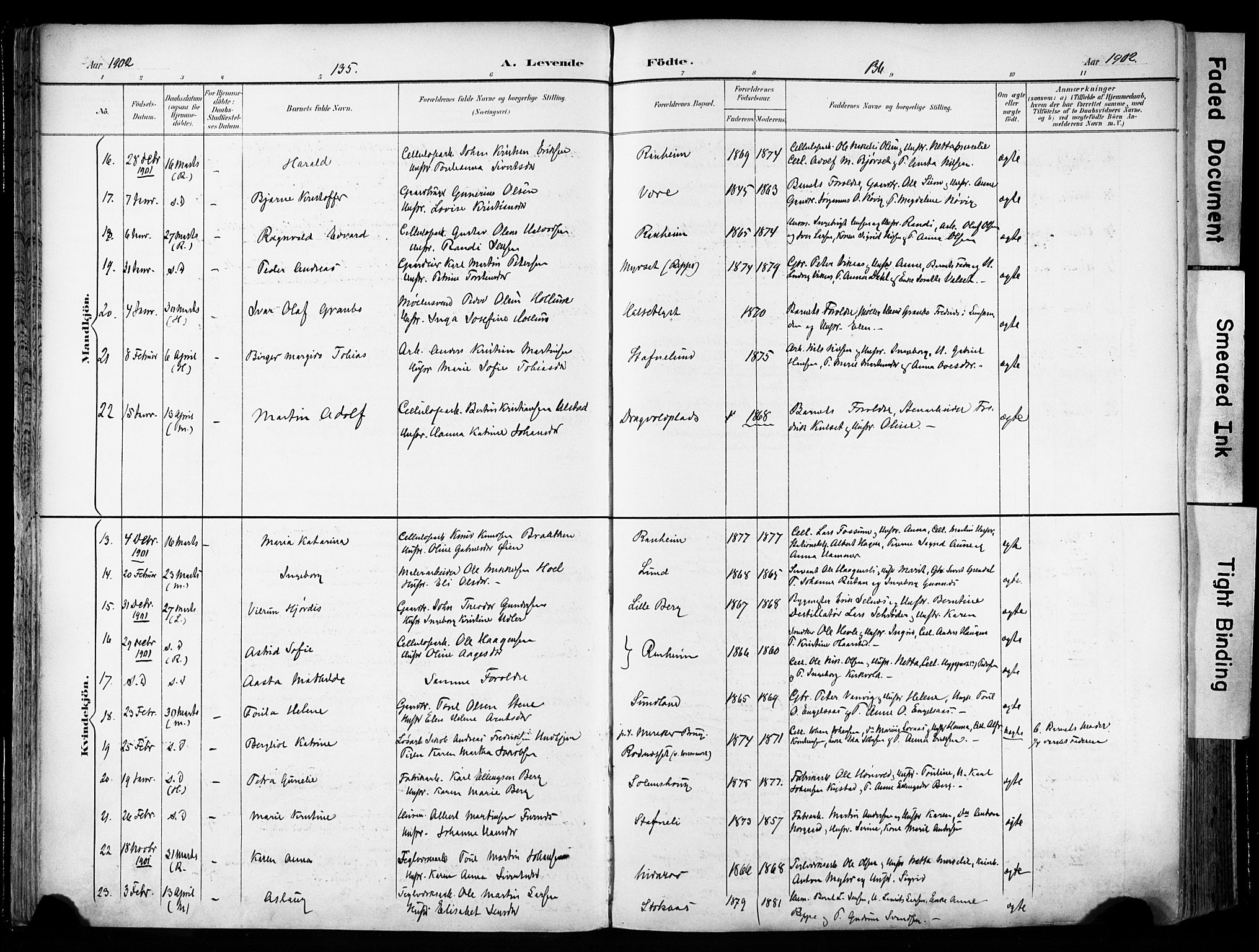 Ministerialprotokoller, klokkerbøker og fødselsregistre - Sør-Trøndelag, SAT/A-1456/606/L0301: Ministerialbok nr. 606A16, 1894-1907, s. 135-136