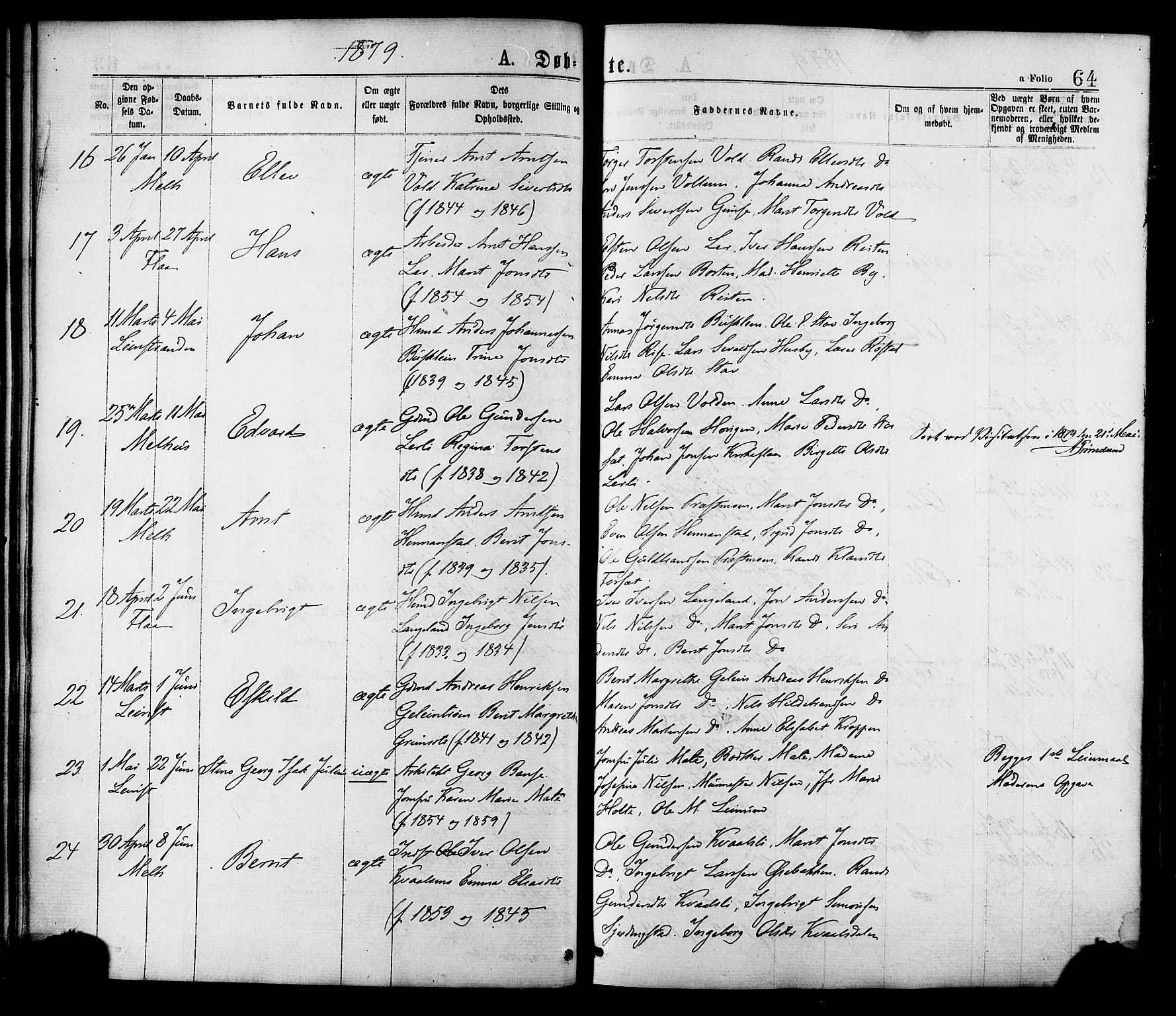 Ministerialprotokoller, klokkerbøker og fødselsregistre - Sør-Trøndelag, AV/SAT-A-1456/691/L1079: Ministerialbok nr. 691A11, 1873-1886, s. 64