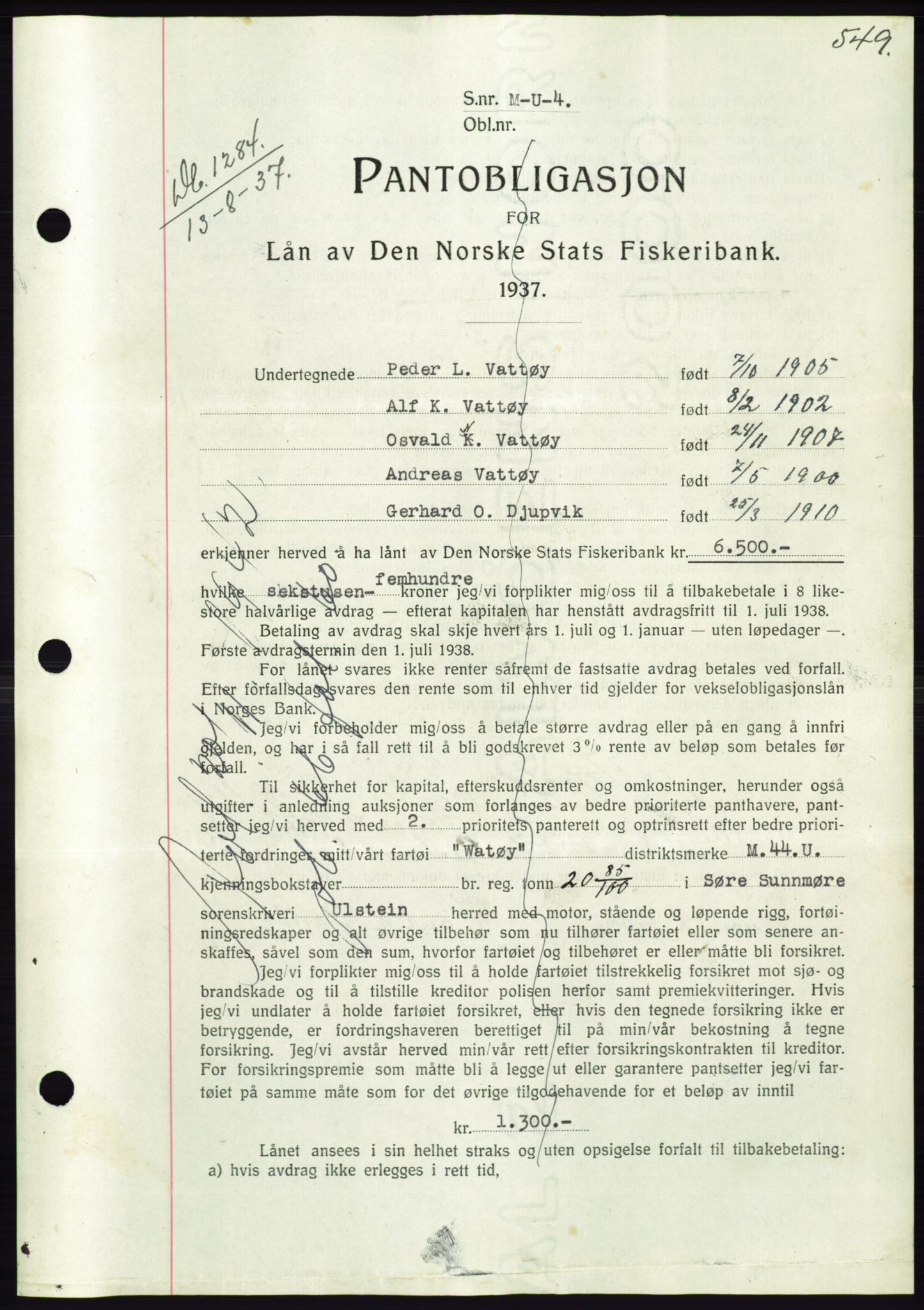 Søre Sunnmøre sorenskriveri, AV/SAT-A-4122/1/2/2C/L0063: Pantebok nr. 57, 1937-1937, Dagboknr: 1284/1937