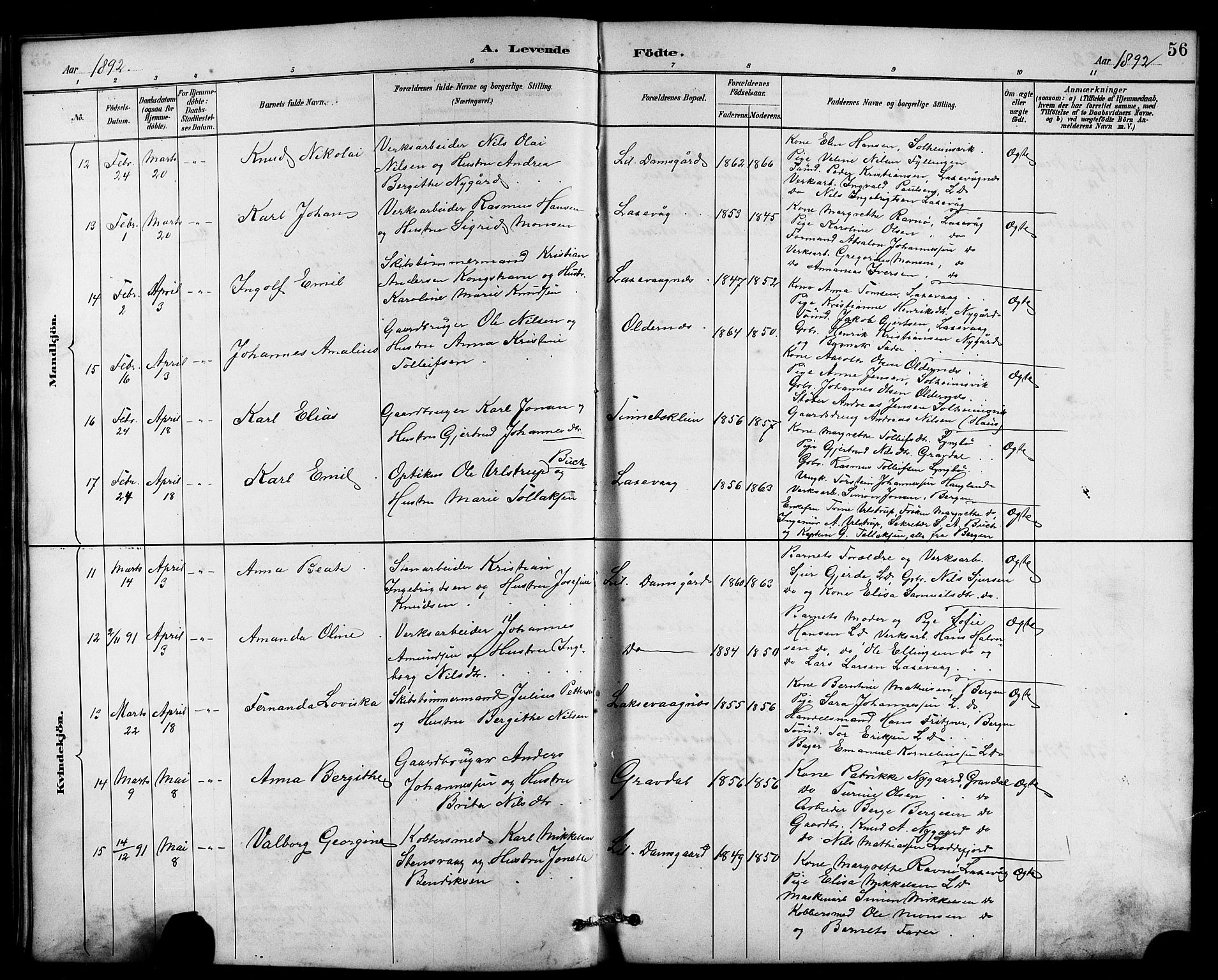 Laksevåg Sokneprestembete, AV/SAB-A-76501/H/Ha/Hab/Haba/L0003: Klokkerbok nr. A 3, 1887-1899, s. 56