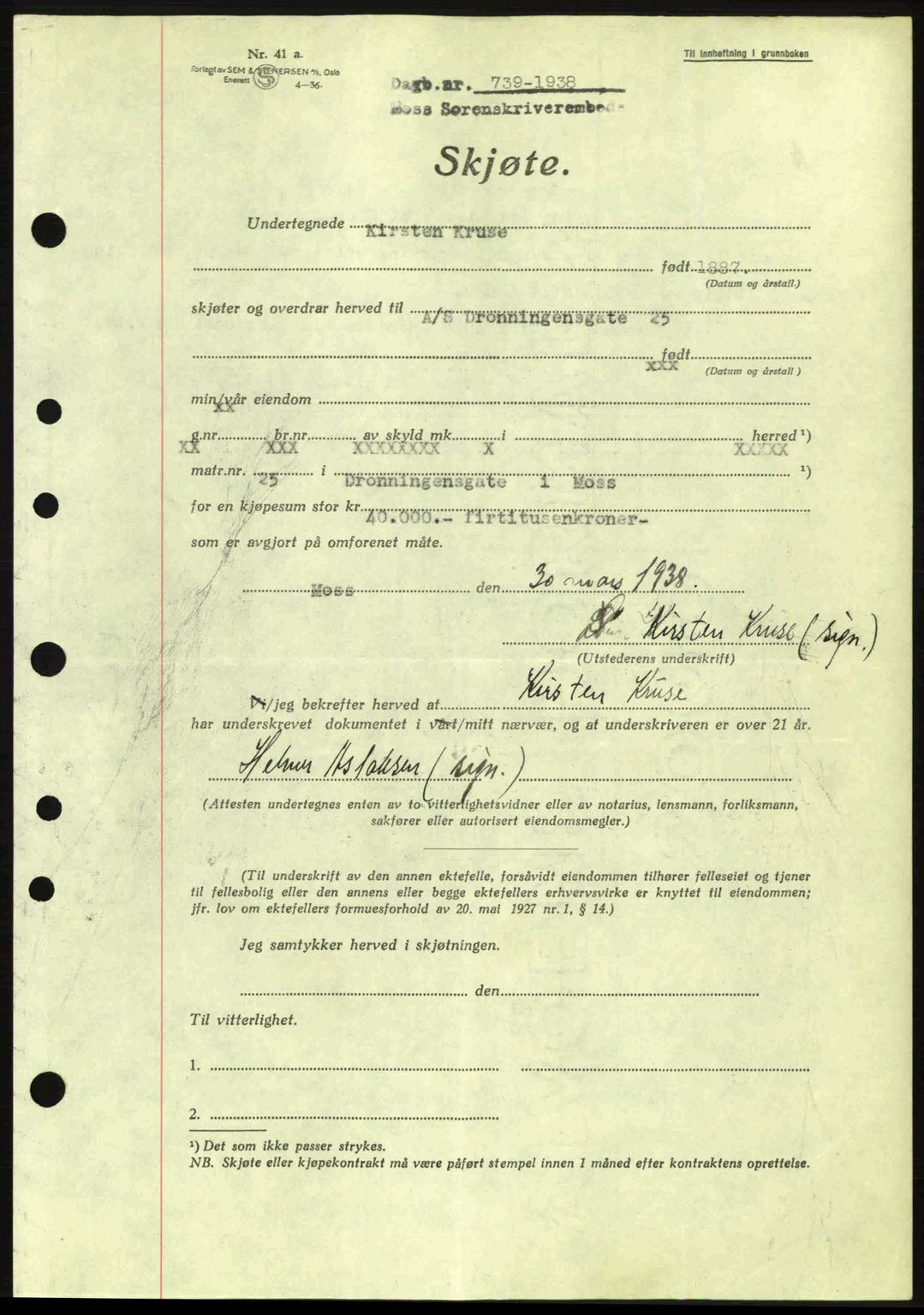 Moss sorenskriveri, SAO/A-10168: Pantebok nr. A4, 1938-1938, Dagboknr: 739/1938