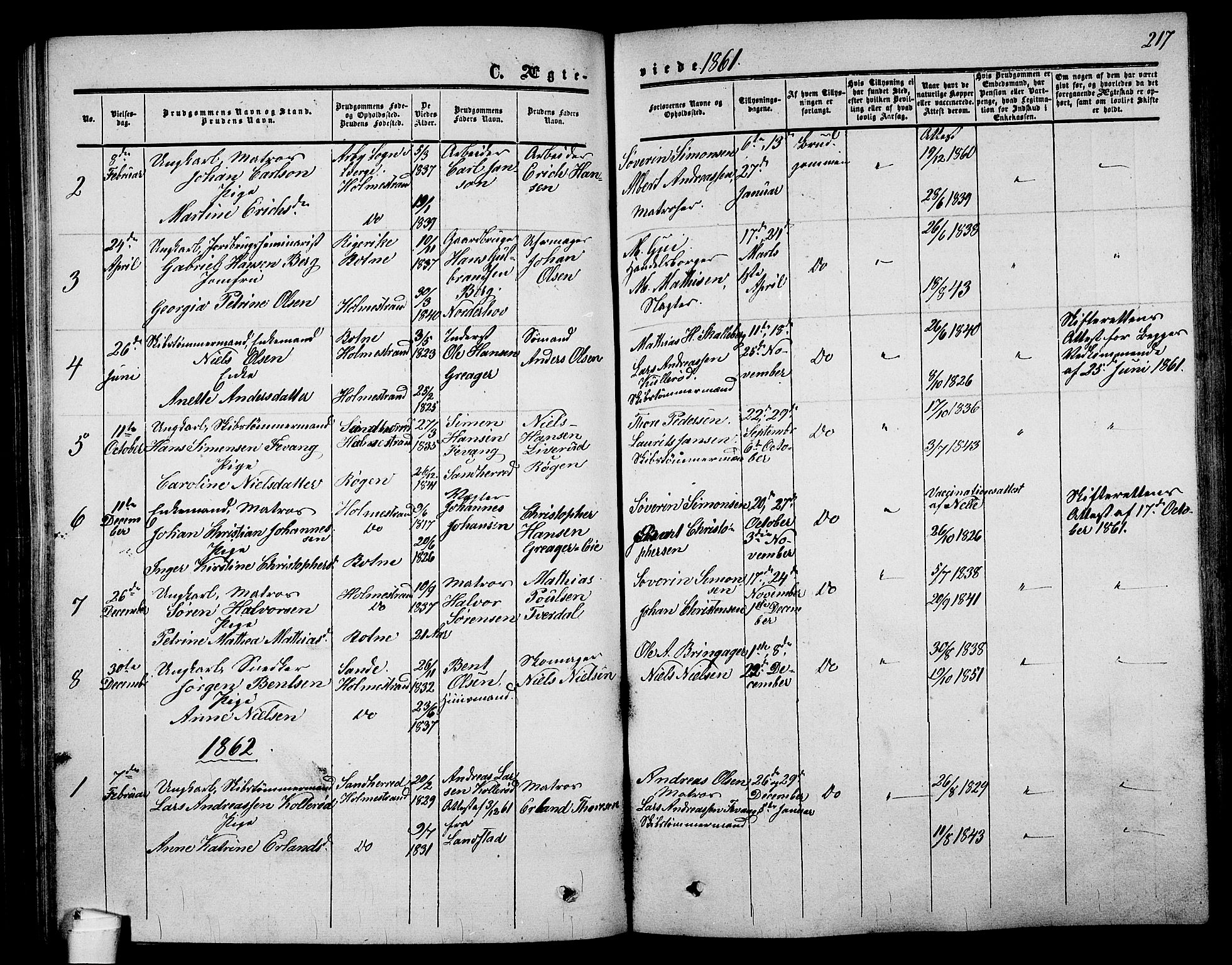 Holmestrand kirkebøker, AV/SAKO-A-346/G/Ga/L0003: Klokkerbok nr. 3, 1849-1874, s. 217