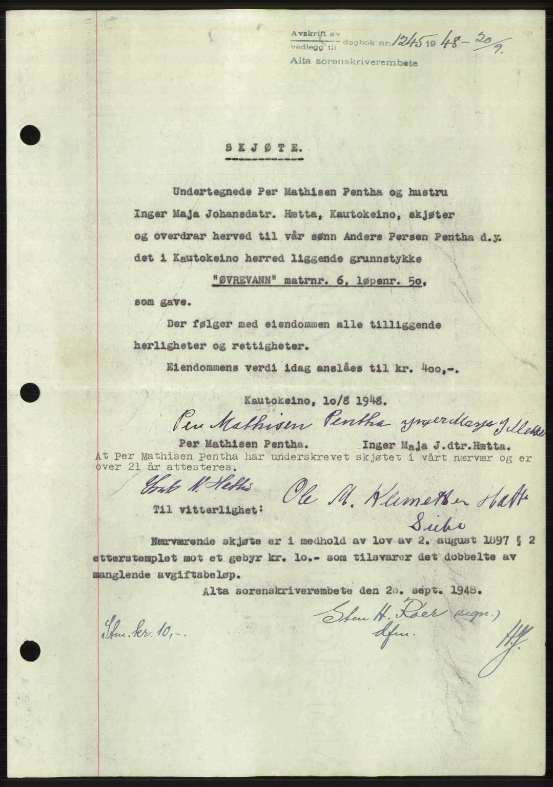 Alta fogderi/sorenskriveri, SATØ/SATØ-5/1/K/Kd/L0037pantebok: Pantebok nr. 39-40, 1948-1949, Dagboknr: 1245/1948
