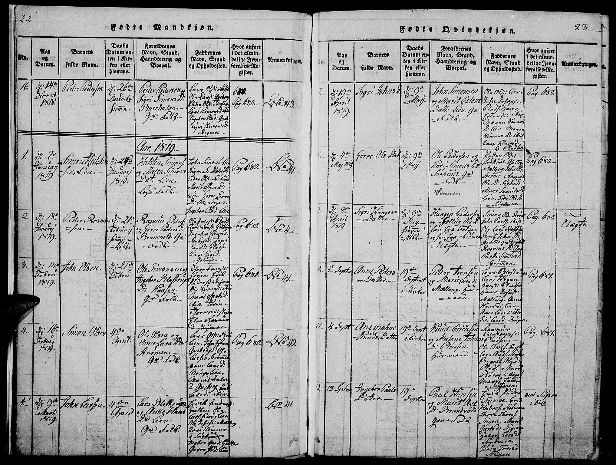 Tynset prestekontor, SAH/PREST-058/H/Ha/Hab/L0002: Klokkerbok nr. 2, 1814-1862, s. 22-23