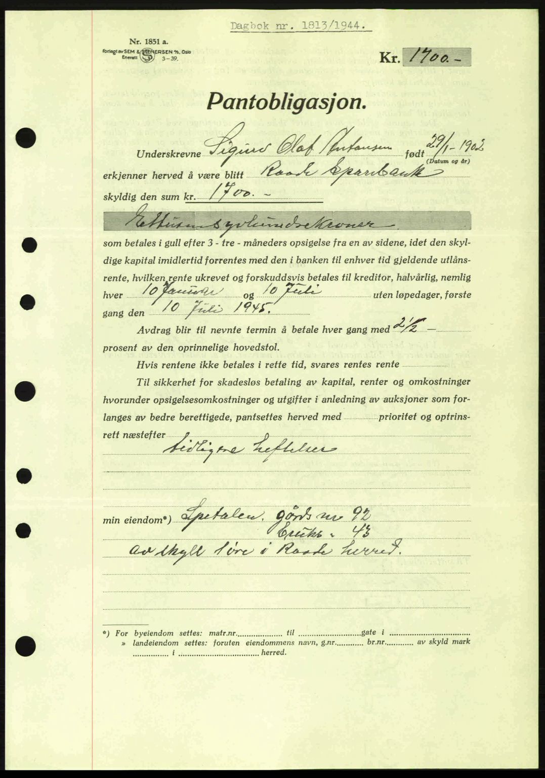 Moss sorenskriveri, SAO/A-10168: Pantebok nr. B13, 1943-1945, Dagboknr: 1813/1944