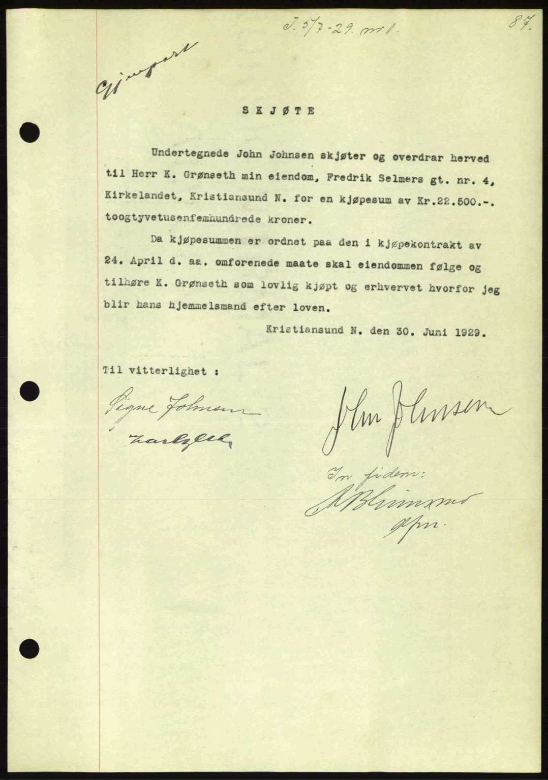 Kristiansund byfogd, AV/SAT-A-4587/A/27: Pantebok nr. 23, 1929-1930, Tingl.dato: 05.07.1929
