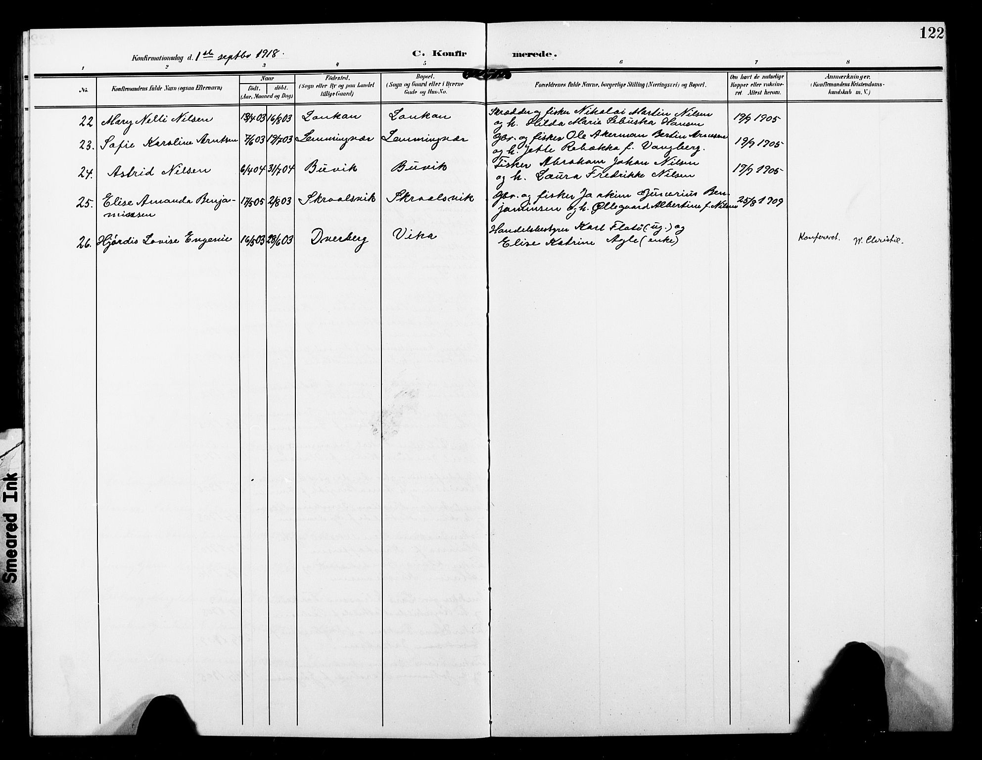 Sand/Bjarkøy sokneprestkontor, AV/SATØ-S-0811/I/Ia/Iab/L0004klokker: Klokkerbok nr. 4, 1905-1918, s. 122