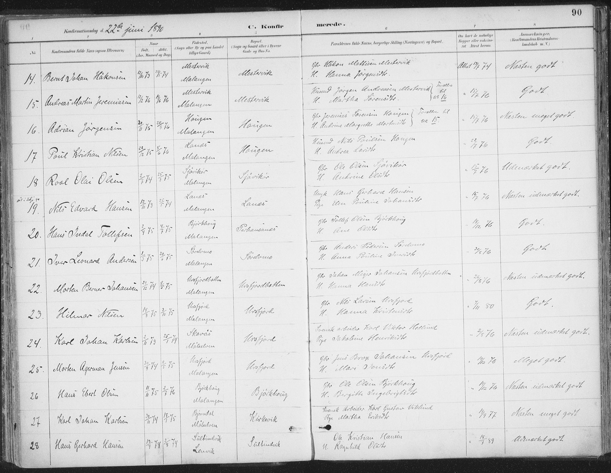 Balsfjord sokneprestembete, AV/SATØ-S-1303/G/Ga/L0007kirke: Ministerialbok nr. 7, 1887-1909, s. 90