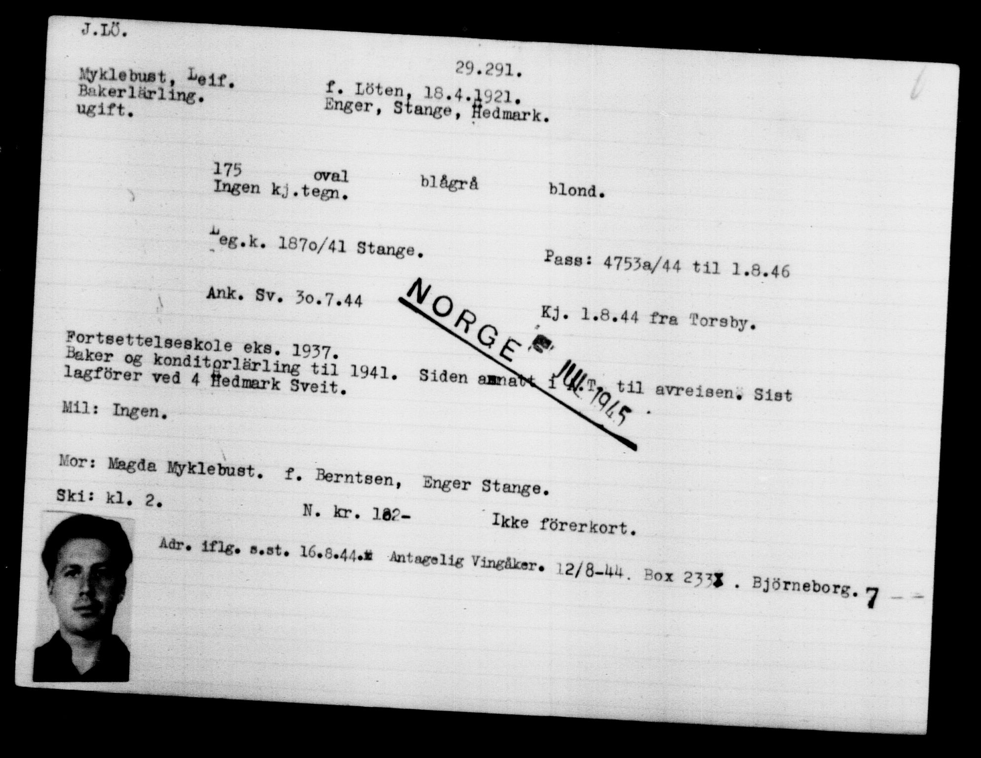 Utenriksstasjonene, Legasjonen i Stockholm, Flyktningkontoret, AV/RA-S-6753/V/Va/L0012: Kjesäterkartoteket, flyktninger med registreringsnr. 28300-31566, 1940-1945, s. 1079
