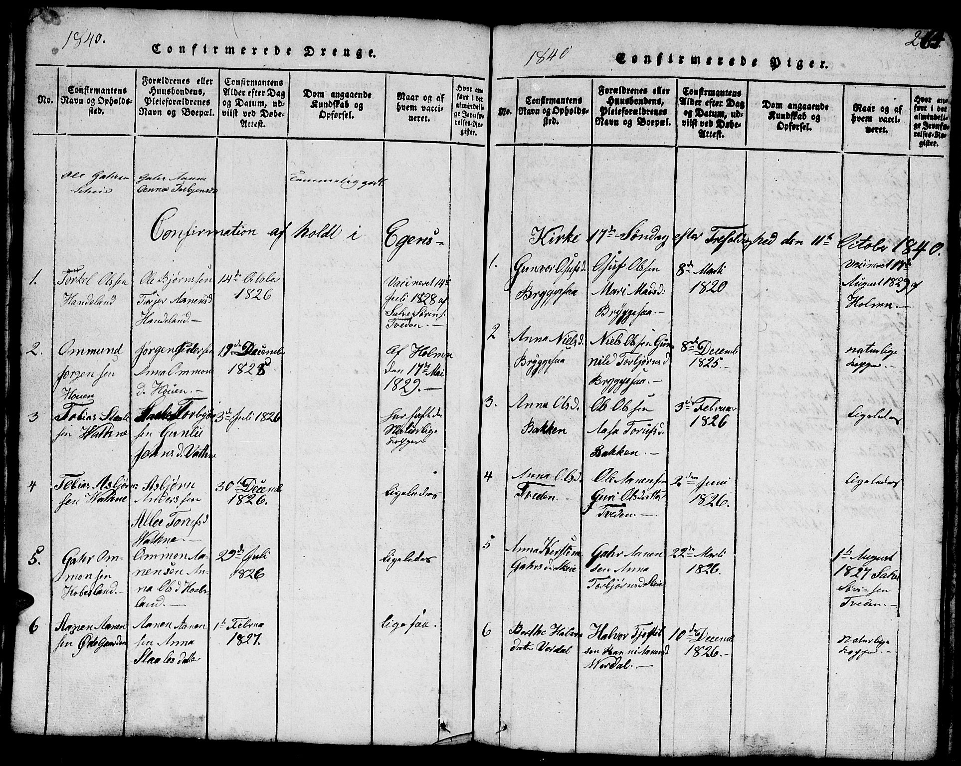Hægebostad sokneprestkontor, SAK/1111-0024/F/Fb/Fbb/L0001: Klokkerbok nr. B 1, 1816-1850, s. 264