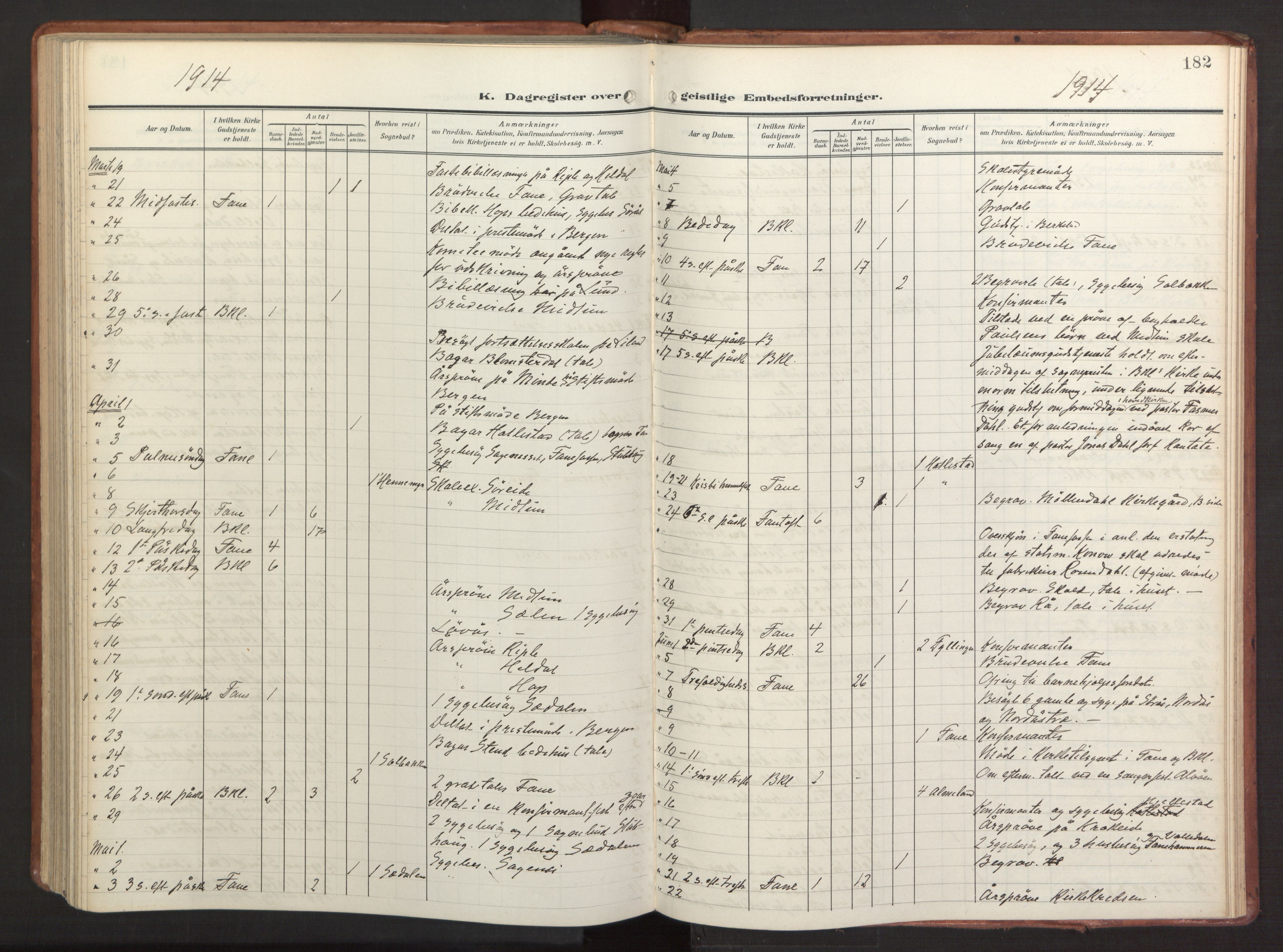 Fana Sokneprestembete, AV/SAB-A-75101/H/Haa/Haab/L0004: Ministerialbok nr. B 4, 1908-1915, s. 182