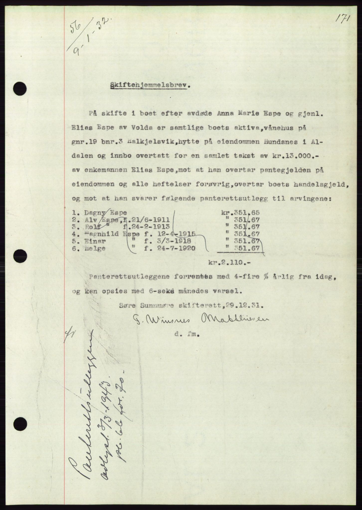 Søre Sunnmøre sorenskriveri, AV/SAT-A-4122/1/2/2C/L0053: Pantebok nr. 47, 1931-1932, Tingl.dato: 09.01.1932