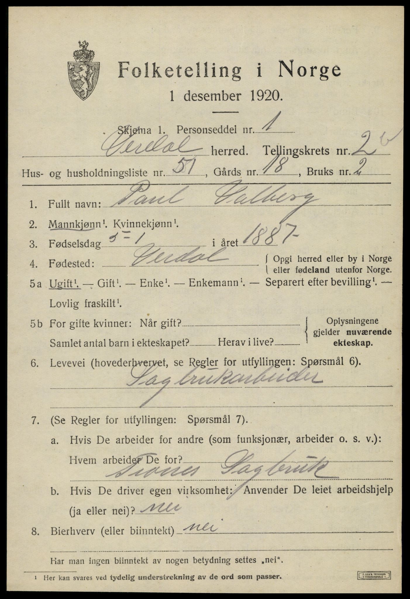 SAT, Folketelling 1920 for 1721 Verdal herred, 1920, s. 4725