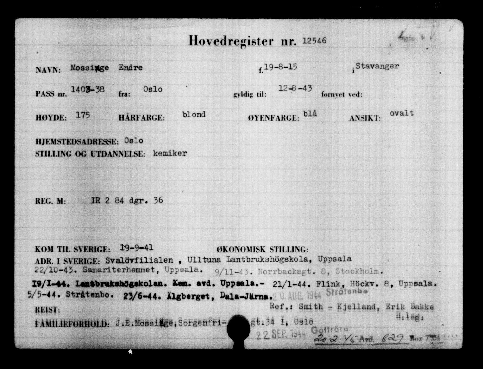 Utenriksstasjonene, Legasjonen i Stockholm, Flyktningkontoret, AV/RA-S-6753/V/Va/L0006: Kjesäterkartoteket, flyktninger med registreringsnr. 9400-12711, 1940-1945, s. 3580