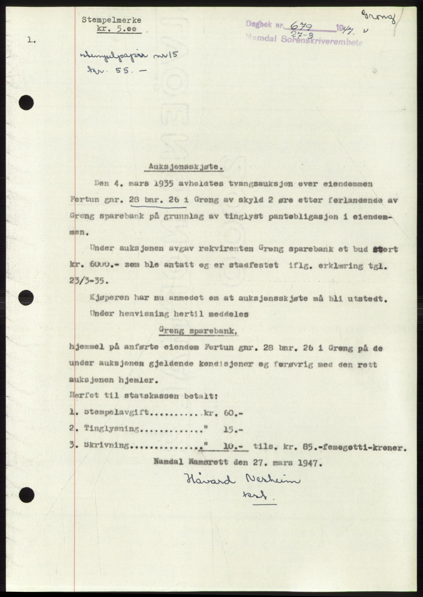 Namdal sorenskriveri, SAT/A-4133/1/2/2C: Pantebok nr. -, 1946-1947, Dagboknr: 679/1947