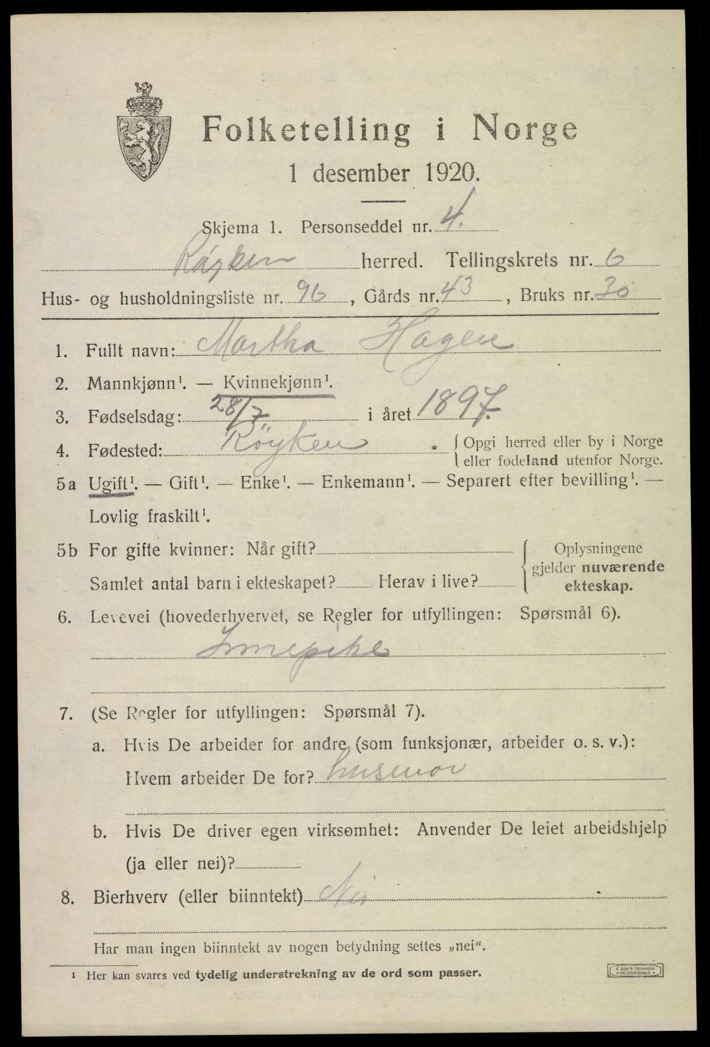 SAKO, Folketelling 1920 for 0627 Røyken herred, 1920, s. 10908