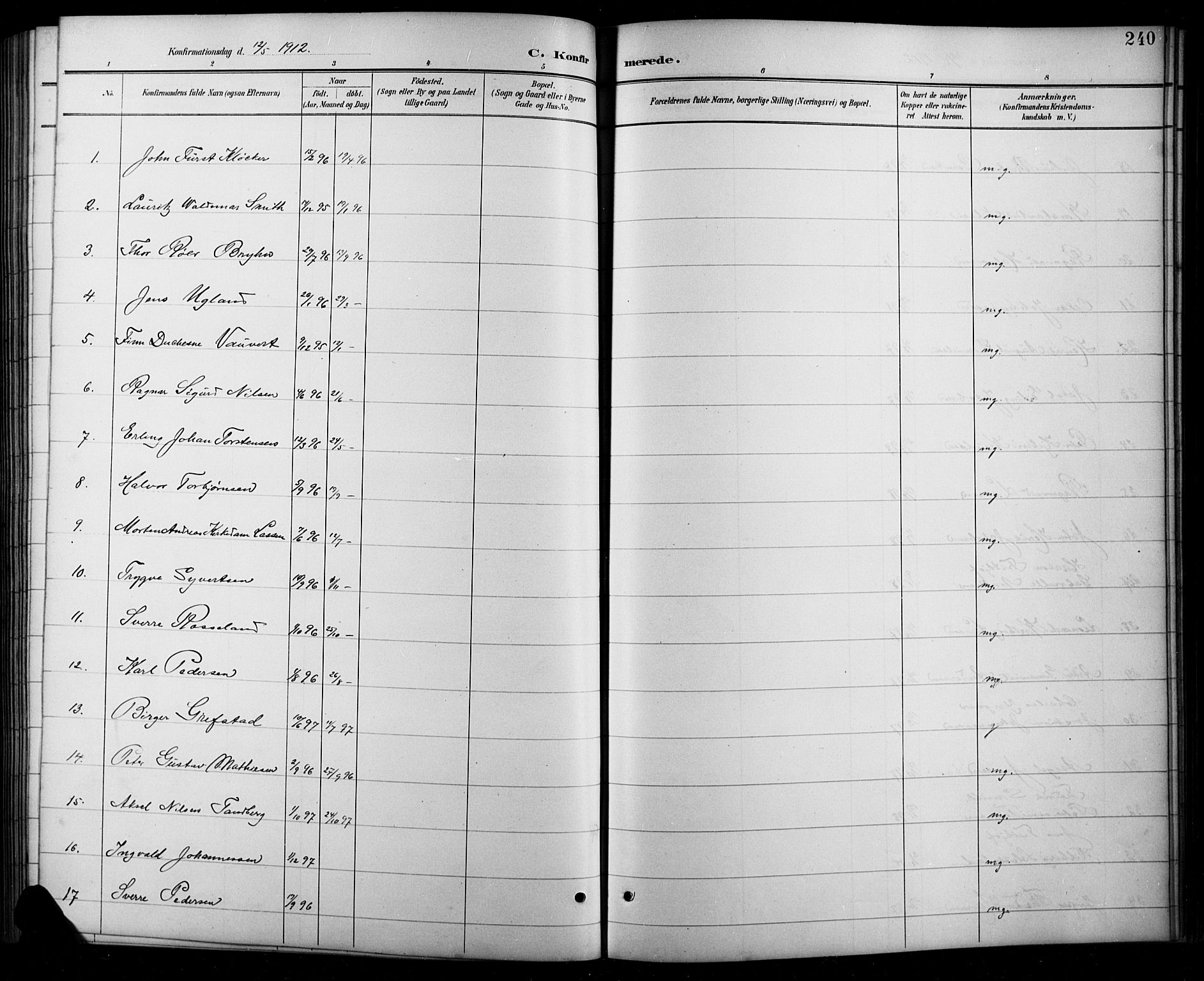 Arendal sokneprestkontor, Trefoldighet, AV/SAK-1111-0040/F/Fb/L0006: Klokkerbok nr. B 6, 1889-1916, s. 240