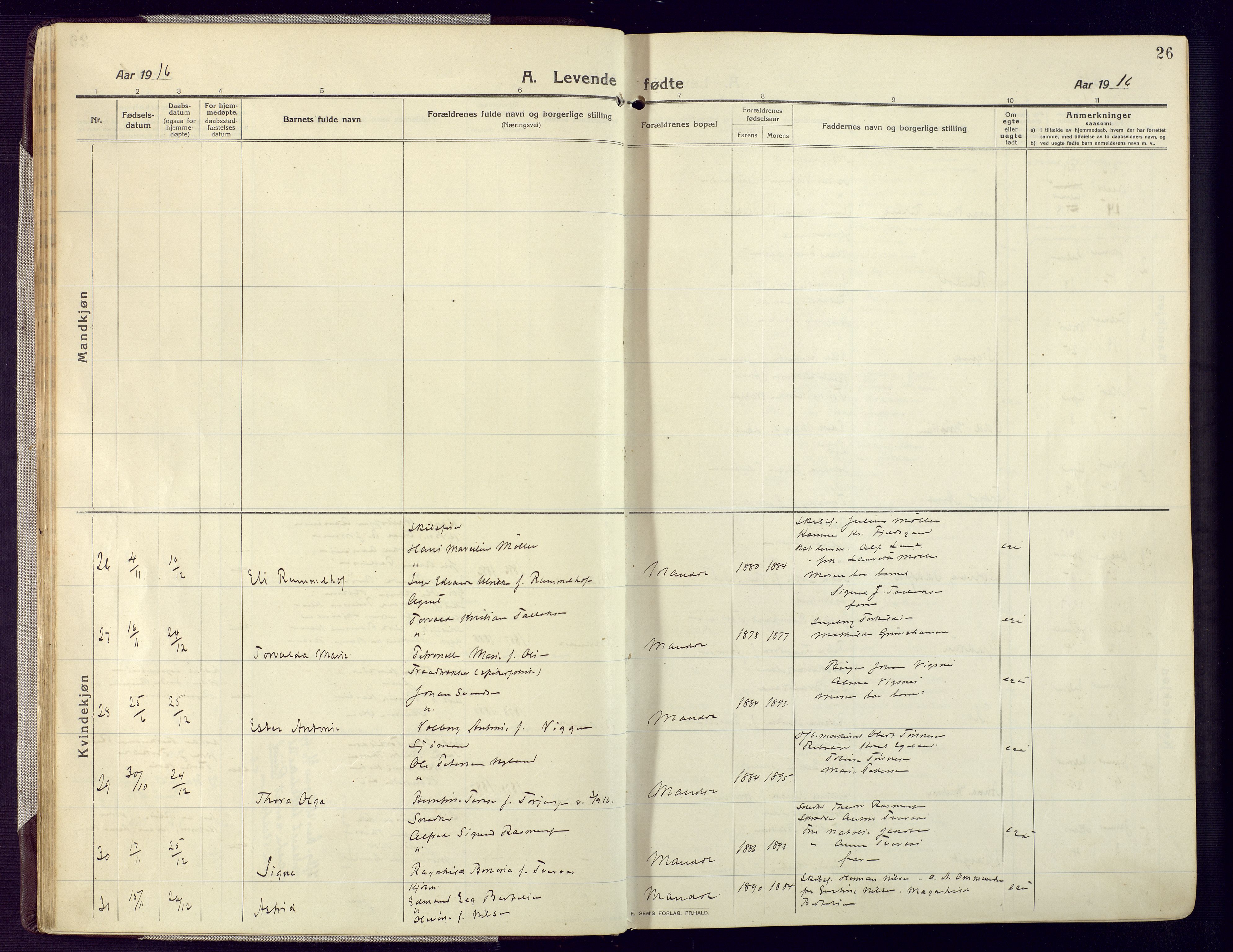Mandal sokneprestkontor, SAK/1111-0030/F/Fa/Fac/L0001: Ministerialbok nr. A 1, 1913-1925, s. 26