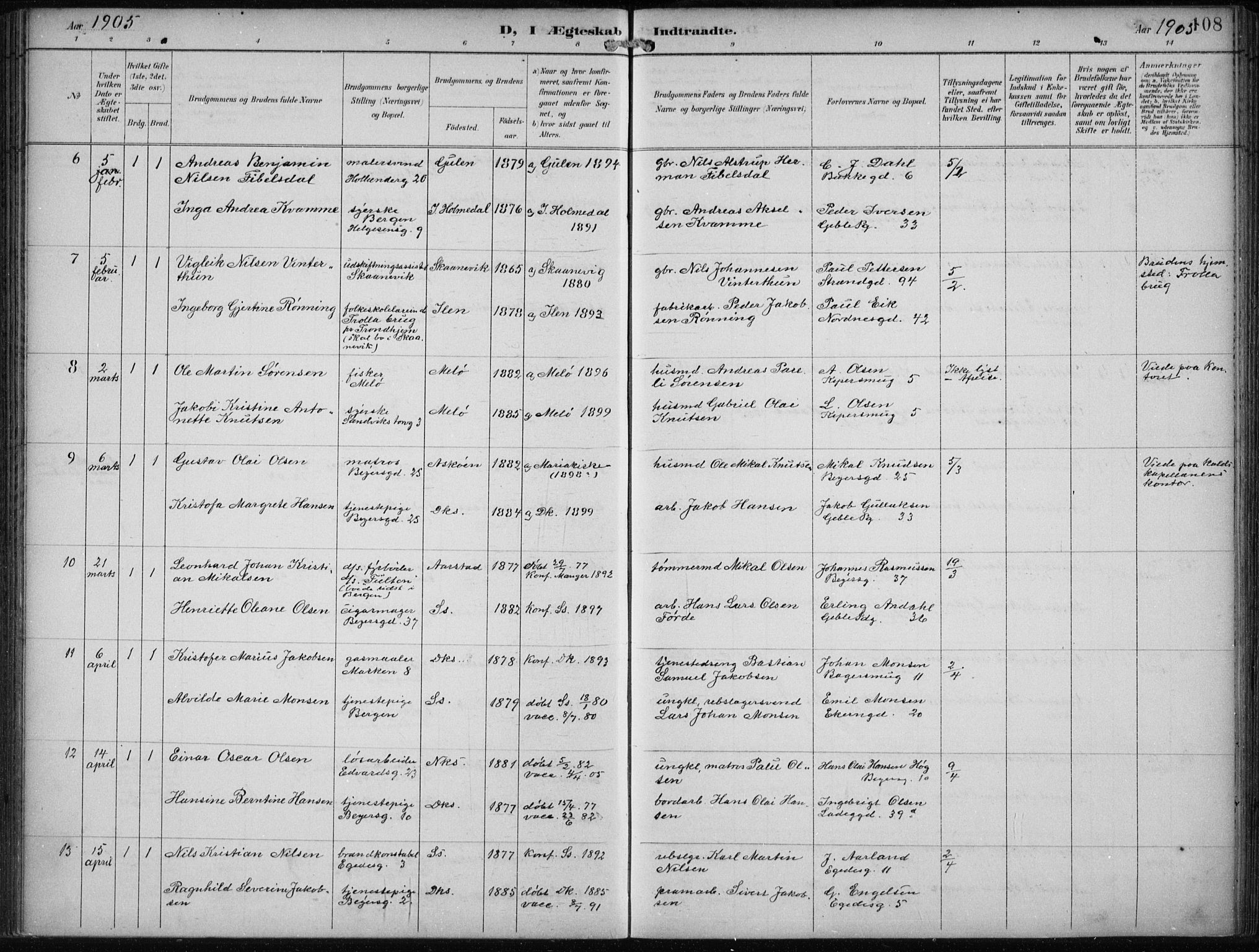 Sandviken Sokneprestembete, SAB/A-77601/H/Ha/L0014: Ministerialbok nr. D 1, 1896-1911, s. 108