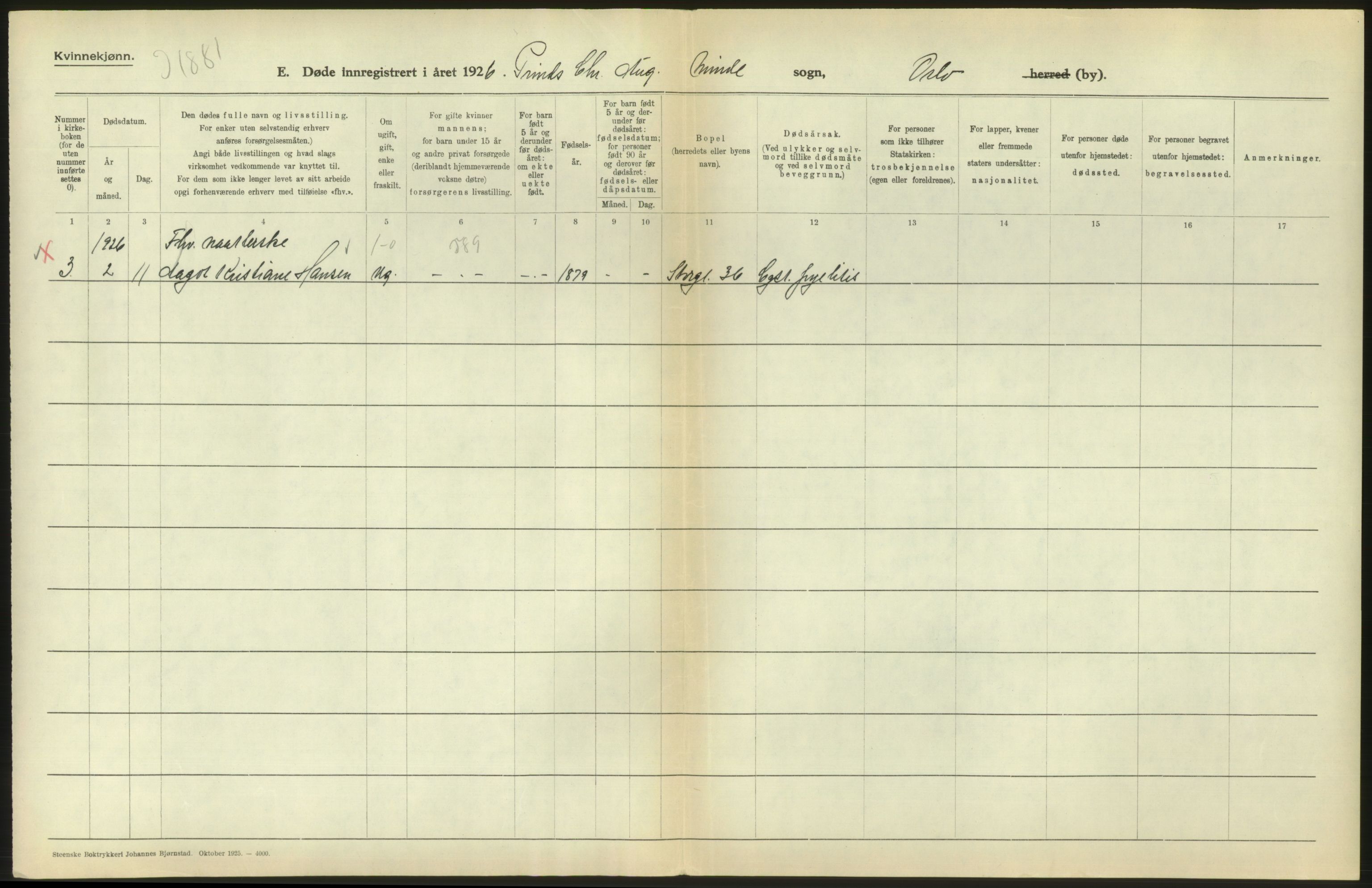 Statistisk sentralbyrå, Sosiodemografiske emner, Befolkning, AV/RA-S-2228/D/Df/Dfc/Dfcf/L0010: Oslo: Døde kvinner, dødfødte, 1926, s. 610