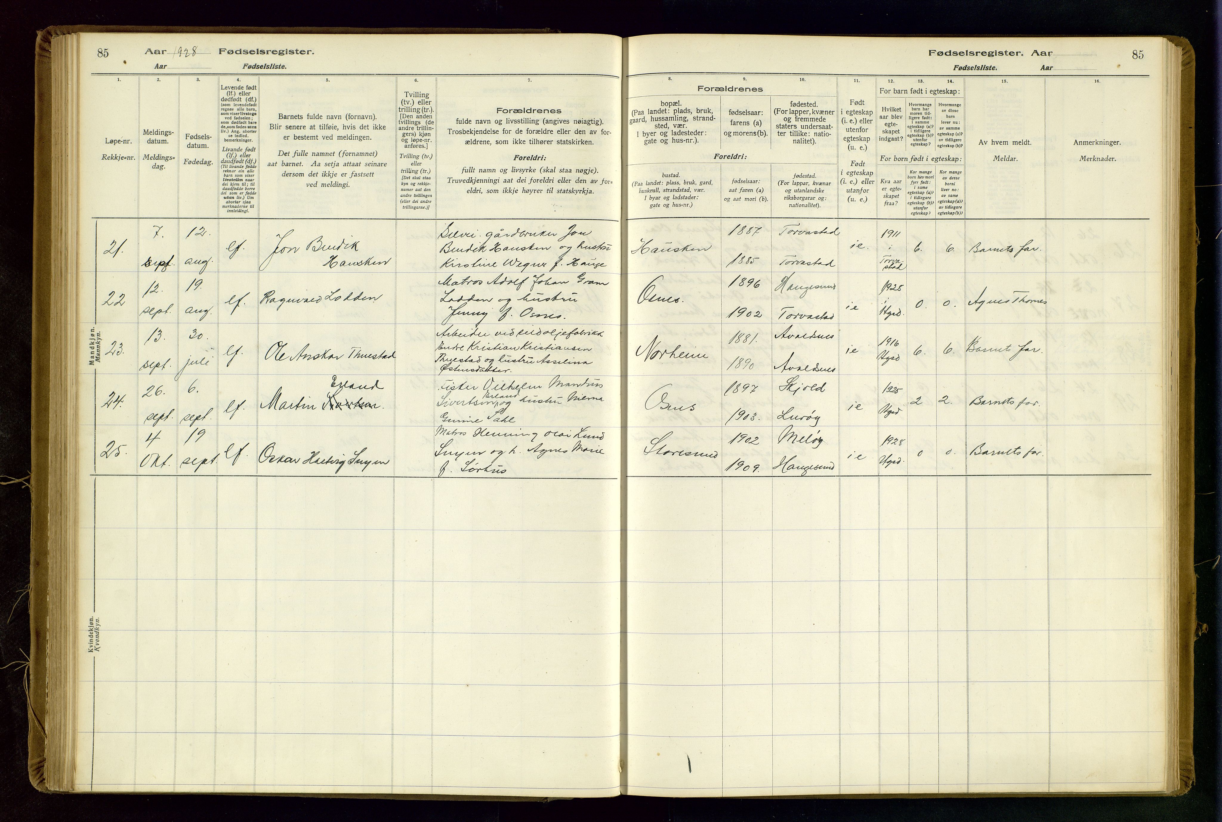 Torvastad sokneprestkontor, AV/SAST-A -101857/I/Id/L0002: Fødselsregister nr. 2, 1916-1950, s. 85