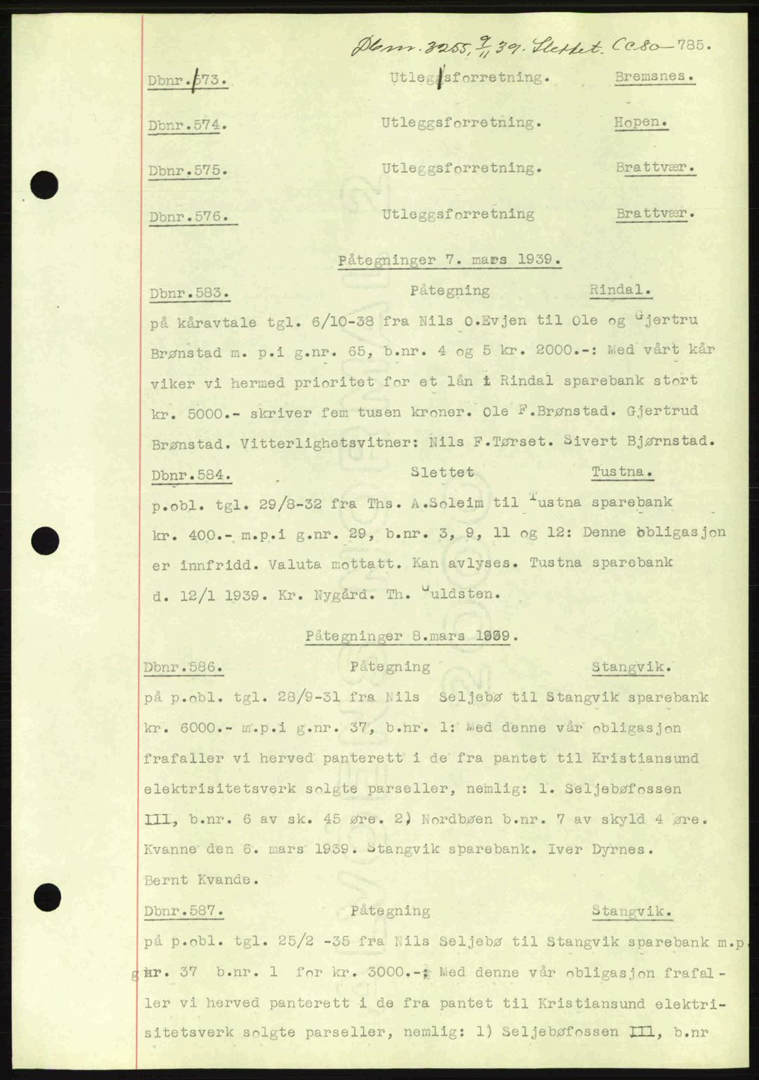 Nordmøre sorenskriveri, SAT/A-4132/1/2/2Ca: Pantebok nr. C80, 1936-1939, Dagboknr: 573/1939