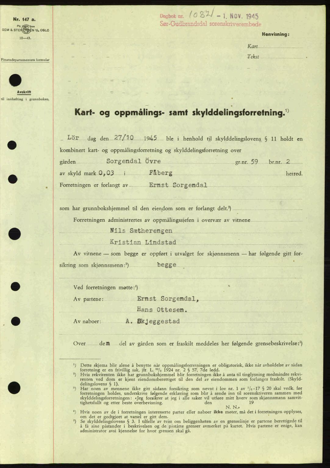 Sør-Gudbrandsdal tingrett, SAH/TING-004/H/Hb/Hbd/L0014: Pantebok nr. A14, 1944-1945, Dagboknr: 1082/1945
