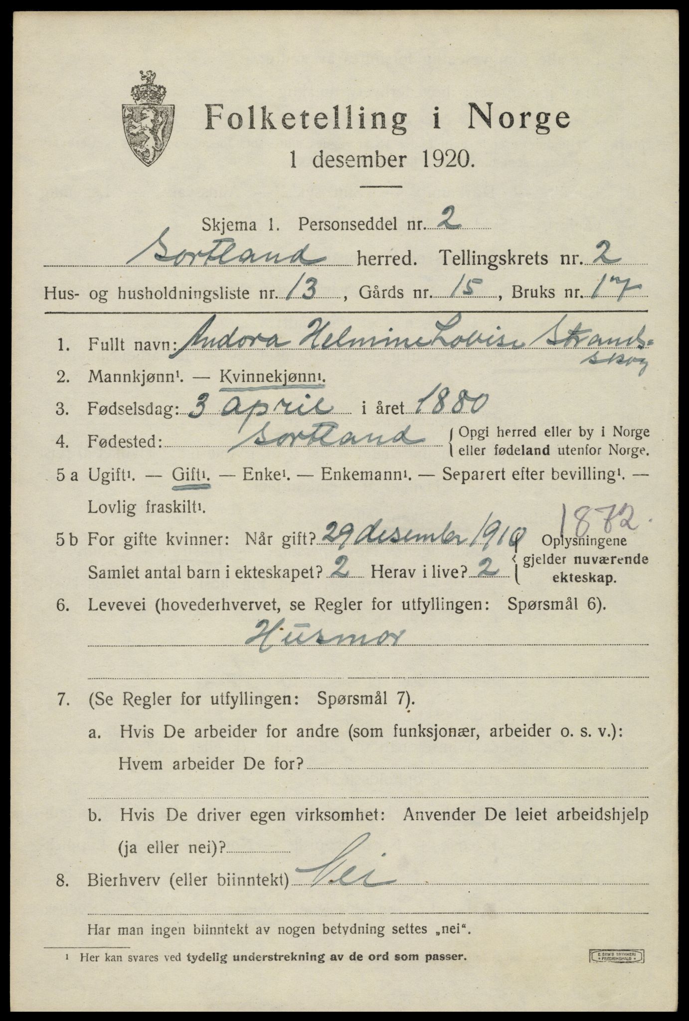 SAT, Folketelling 1920 for 1870 Sortland herred, 1920, s. 2914