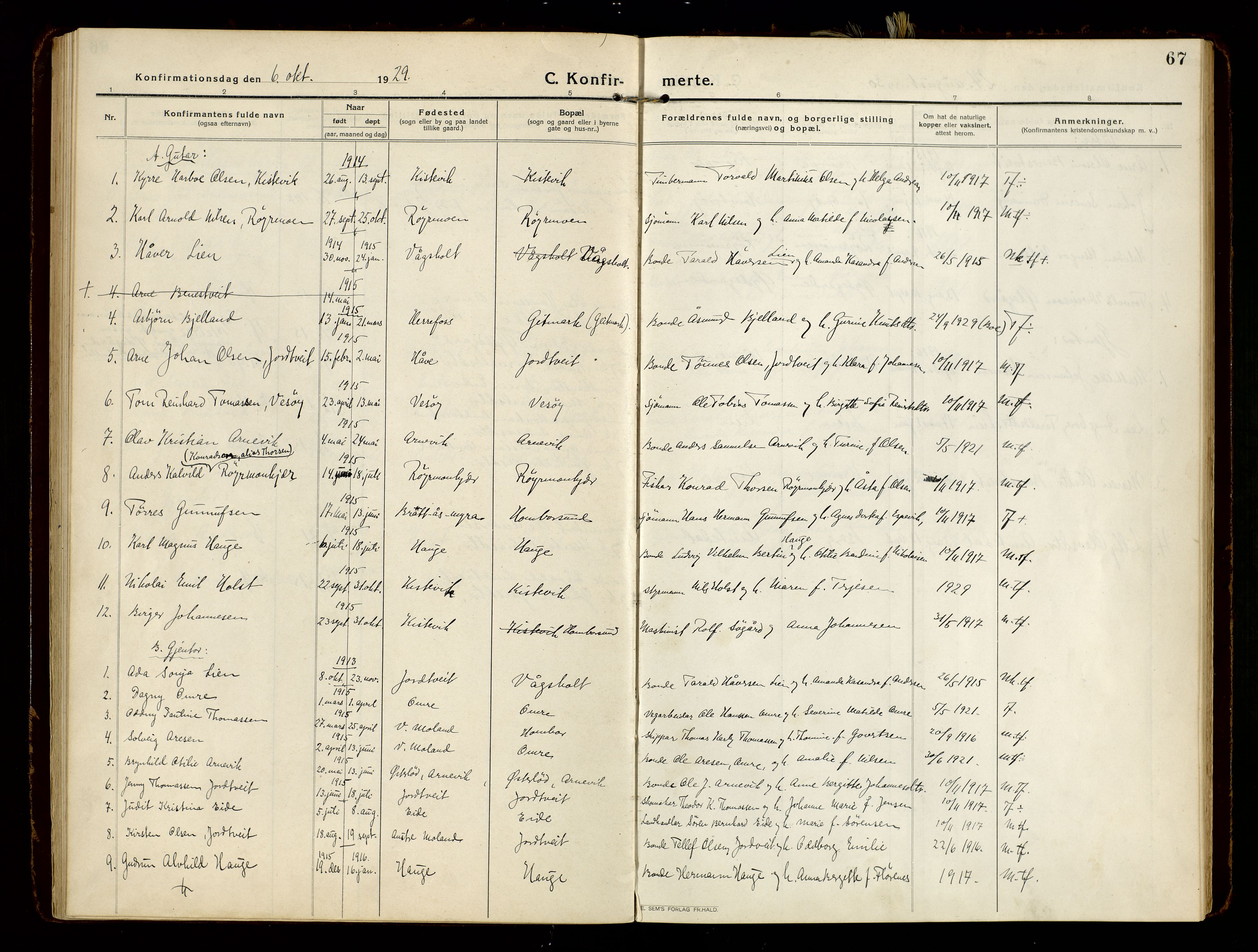 Hommedal sokneprestkontor, AV/SAK-1111-0023/F/Fa/Faa/L0004: Ministerialbok nr. A 4, 1916-1945, s. 67