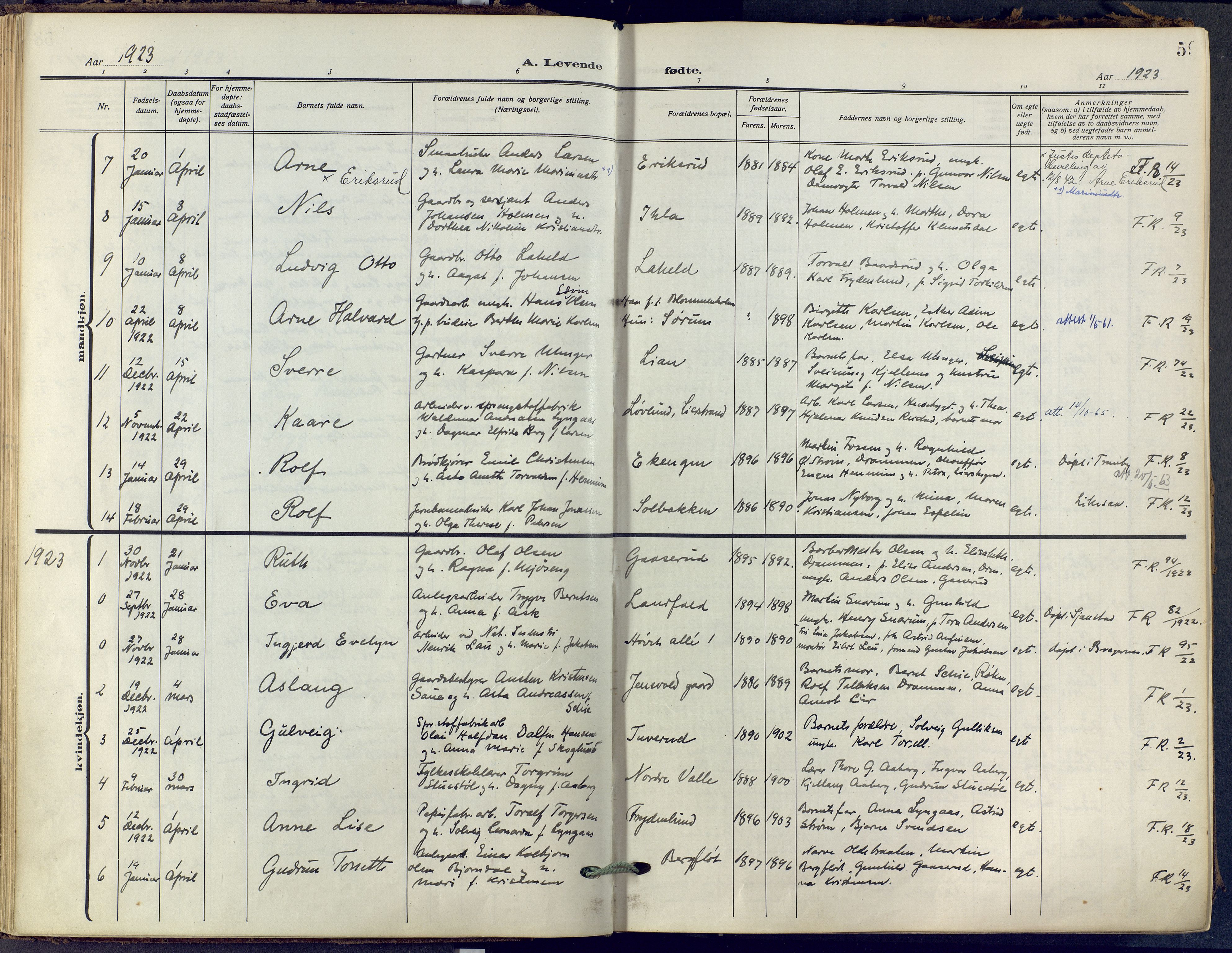 Lier kirkebøker, AV/SAKO-A-230/F/Fa/L0019: Ministerialbok nr. I 19, 1918-1928, s. 59