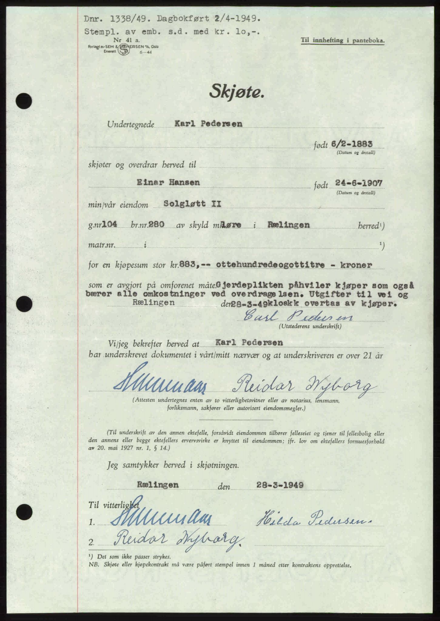 Nedre Romerike sorenskriveri, SAO/A-10469/G/Gb/Gbd/L0025: Pantebok nr. 25, 1949-1949, Dagboknr: 1338/1949