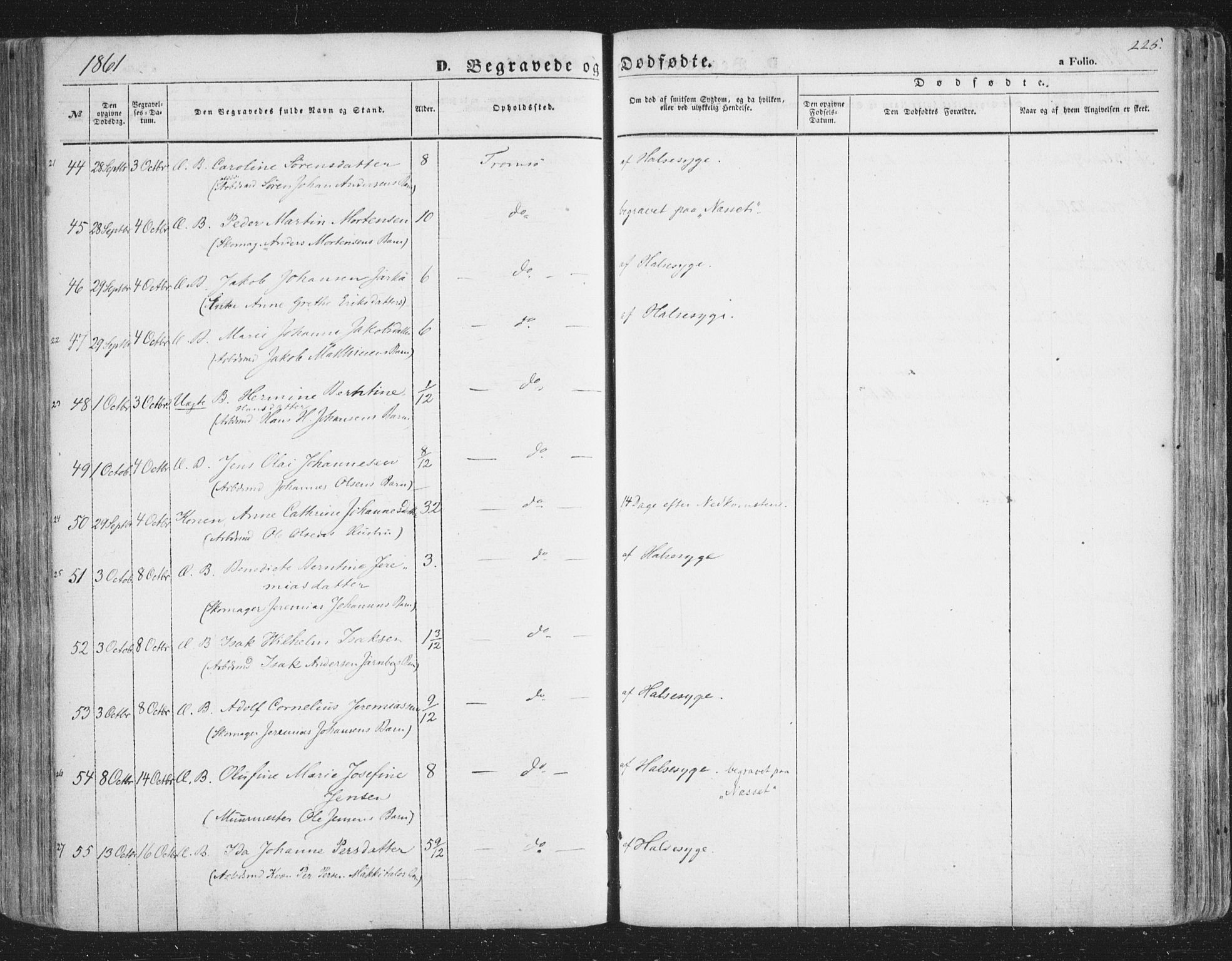 Tromsø sokneprestkontor/stiftsprosti/domprosti, AV/SATØ-S-1343/G/Ga/L0011kirke: Ministerialbok nr. 11, 1856-1865, s. 225