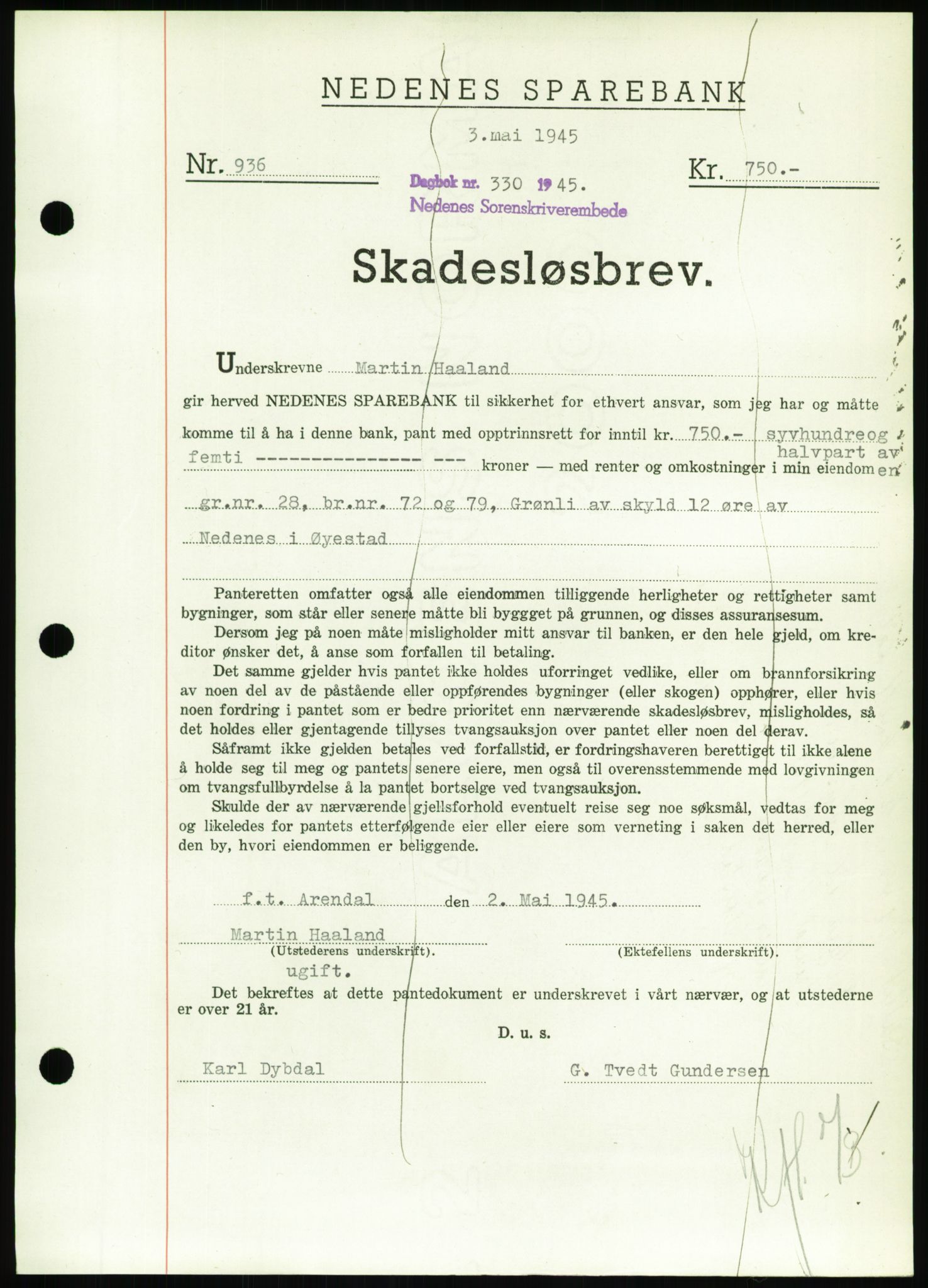 Nedenes sorenskriveri, AV/SAK-1221-0006/G/Gb/Gbb/L0002: Pantebok nr. II, 1942-1945, Dagboknr: 330/1945