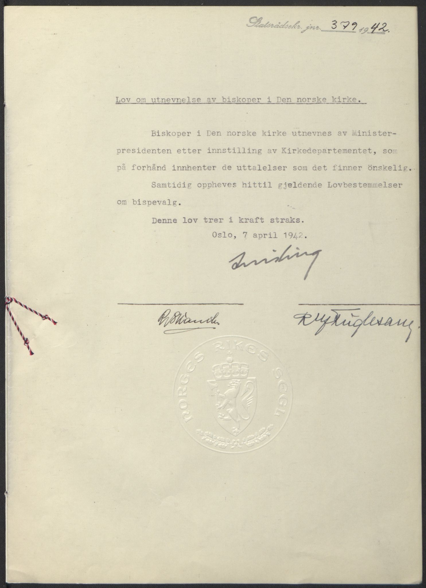 NS-administrasjonen 1940-1945 (Statsrådsekretariatet, de kommisariske statsråder mm), RA/S-4279/D/Db/L0097: Lover I, 1942, s. 262