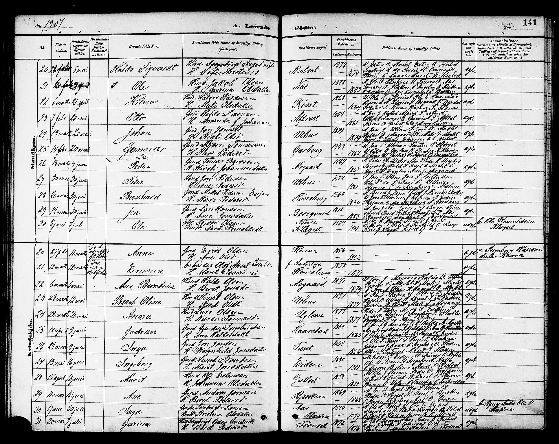 Ministerialprotokoller, klokkerbøker og fødselsregistre - Sør-Trøndelag, AV/SAT-A-1456/695/L1157: Klokkerbok nr. 695C08, 1889-1913, s. 141