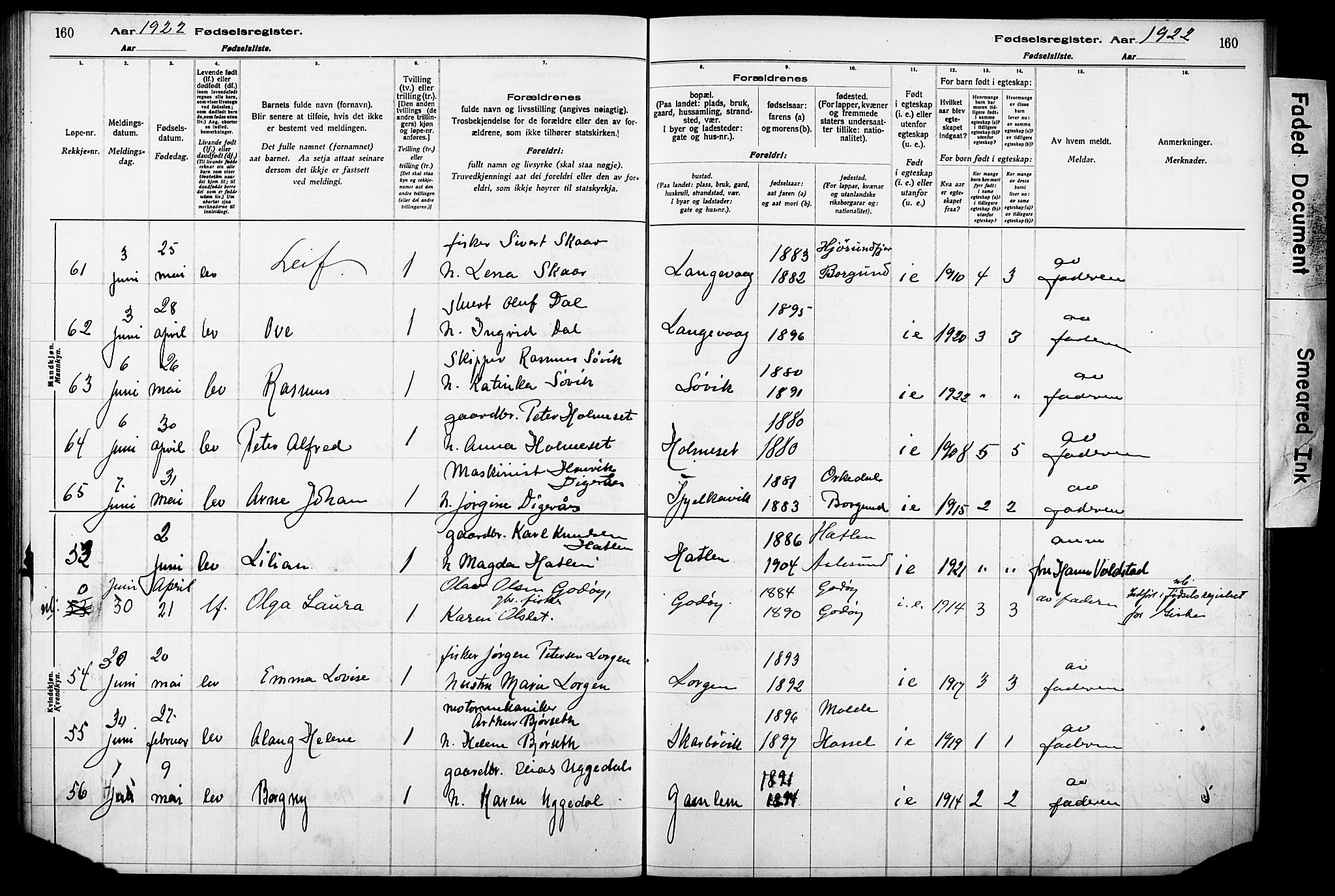 Ministerialprotokoller, klokkerbøker og fødselsregistre - Møre og Romsdal, SAT/A-1454/528/L0442: Fødselsregister nr. 528.II.4.1, 1916-1924, s. 160