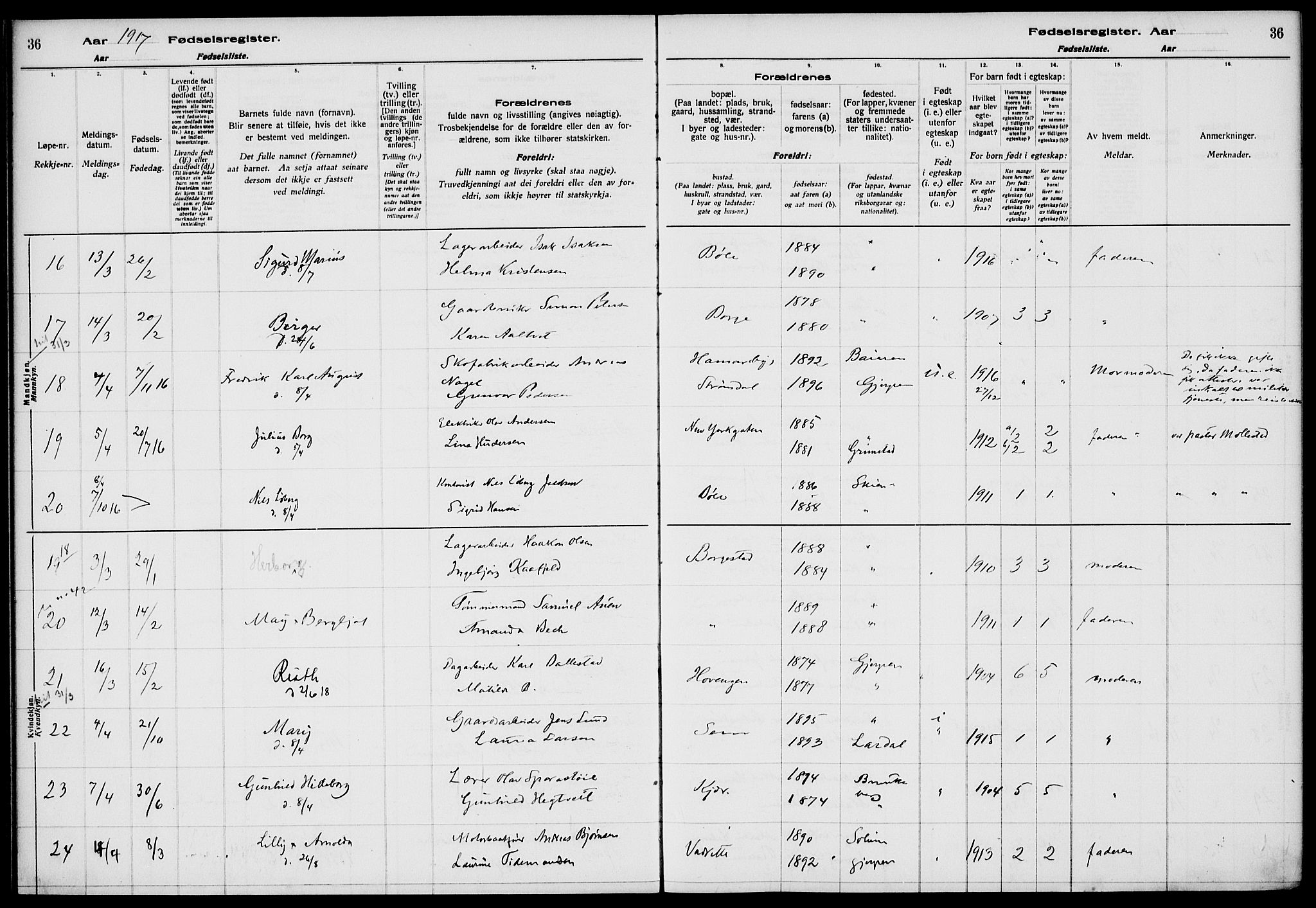 Gjerpen kirkebøker, AV/SAKO-A-265/J/Ja/L0001: Fødselsregister nr. I 1, 1916-1926, s. 36