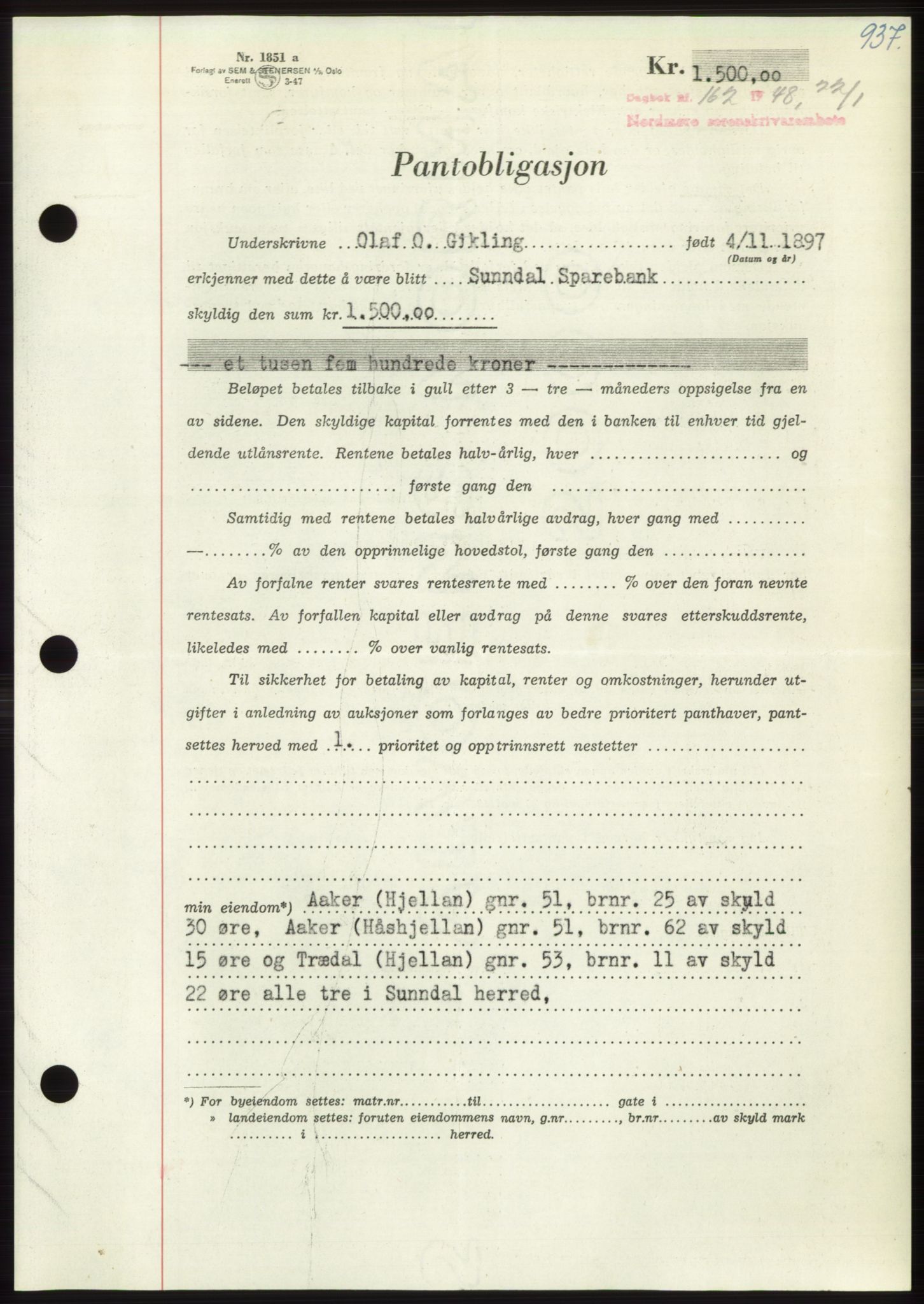 Nordmøre sorenskriveri, AV/SAT-A-4132/1/2/2Ca: Pantebok nr. B97, 1947-1948, Dagboknr: 162/1948