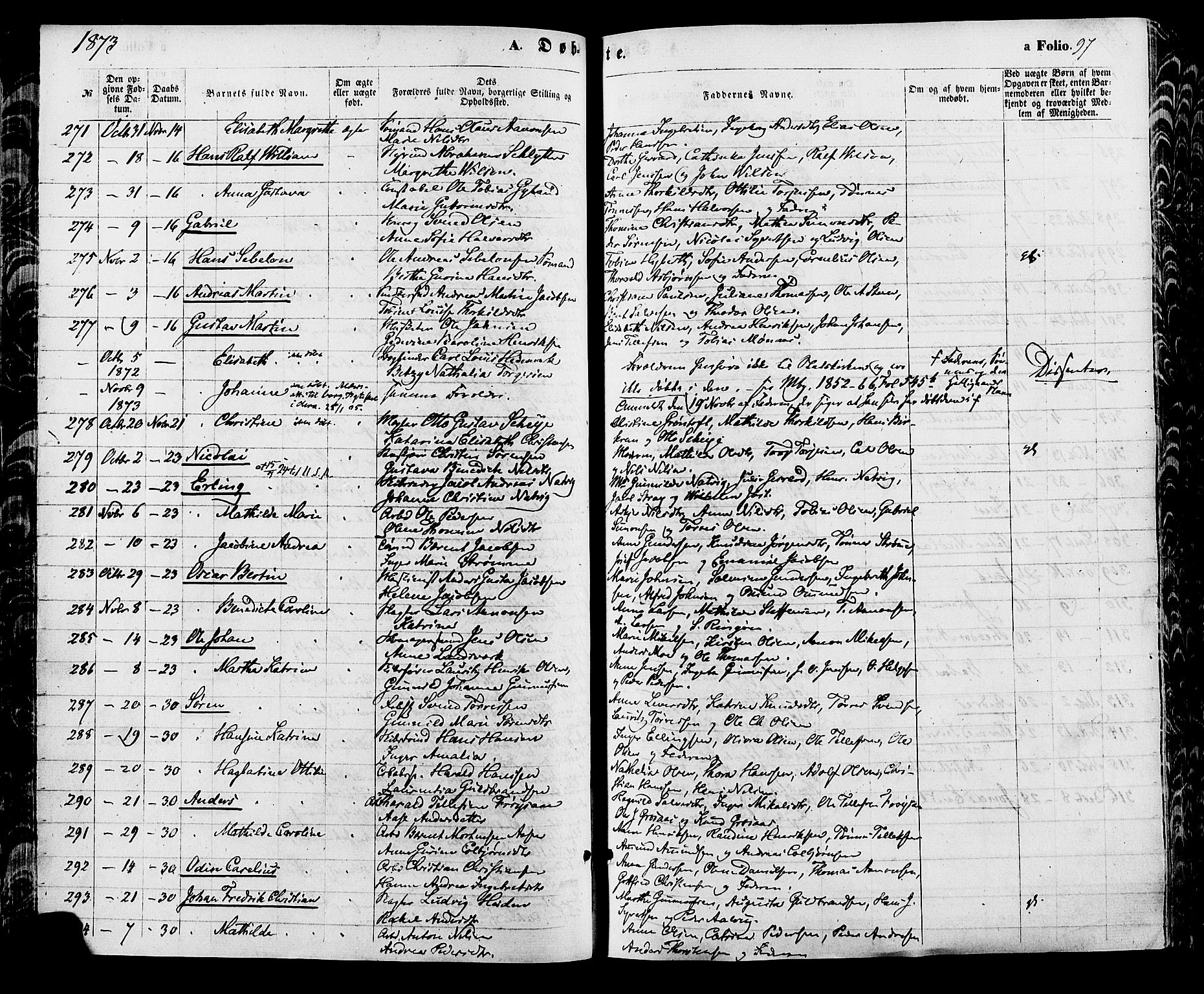 Kristiansand domprosti, AV/SAK-1112-0006/F/Fa/L0015: Ministerialbok nr. A 15, 1867-1880, s. 97