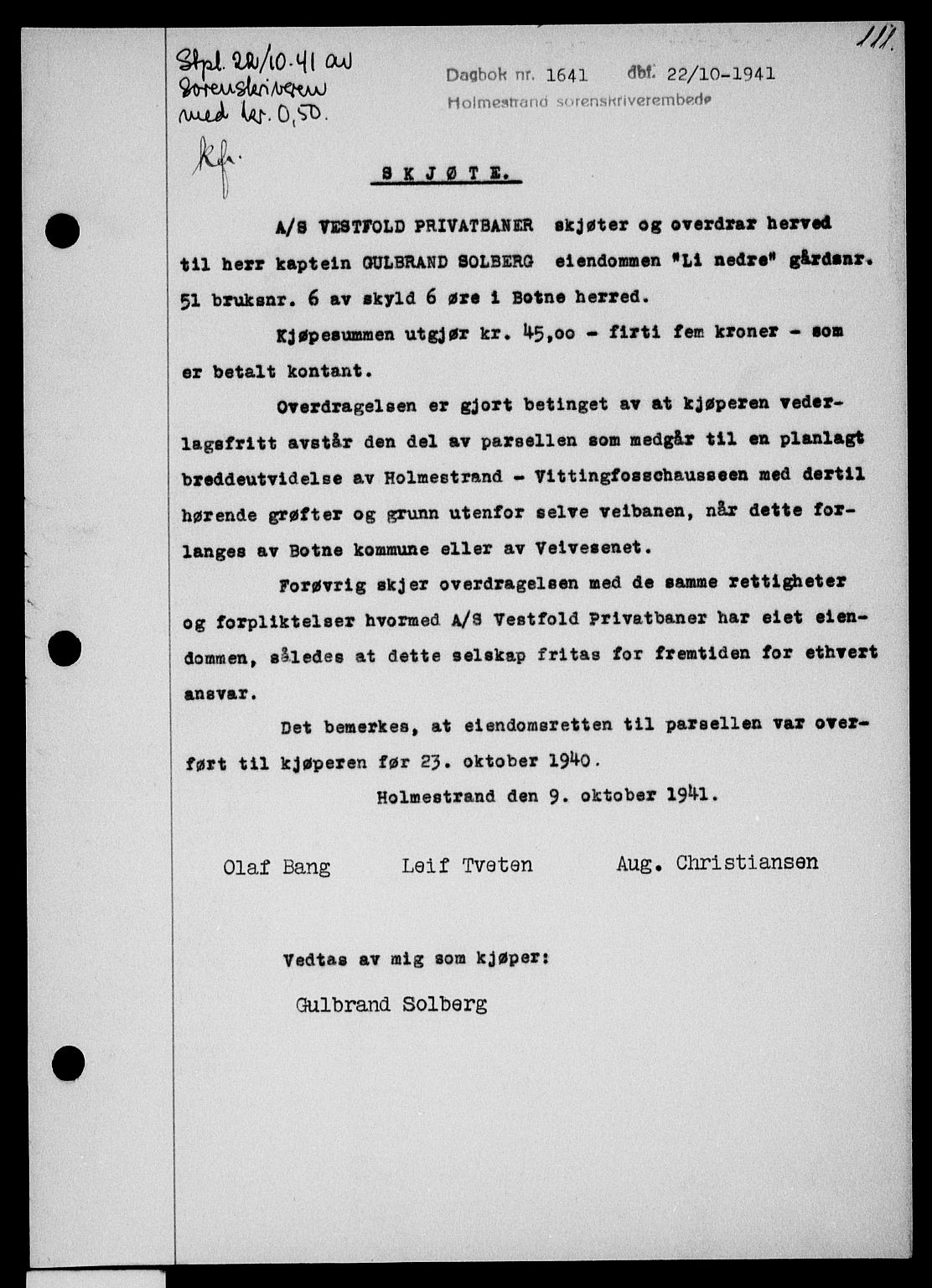 Holmestrand sorenskriveri, SAKO/A-67/G/Ga/Gaa/L0054: Pantebok nr. A-54, 1941-1942, Dagboknr: 1641/1941