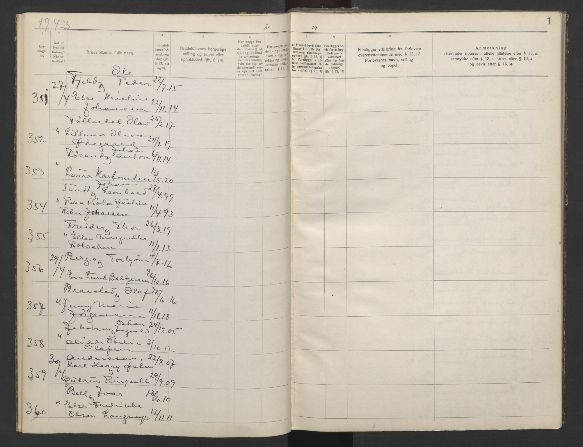 Aker sorenskriveri, AV/SAO-A-10895/L/Lb/L0003: Lysningsbok, 1943-1944, s. 1