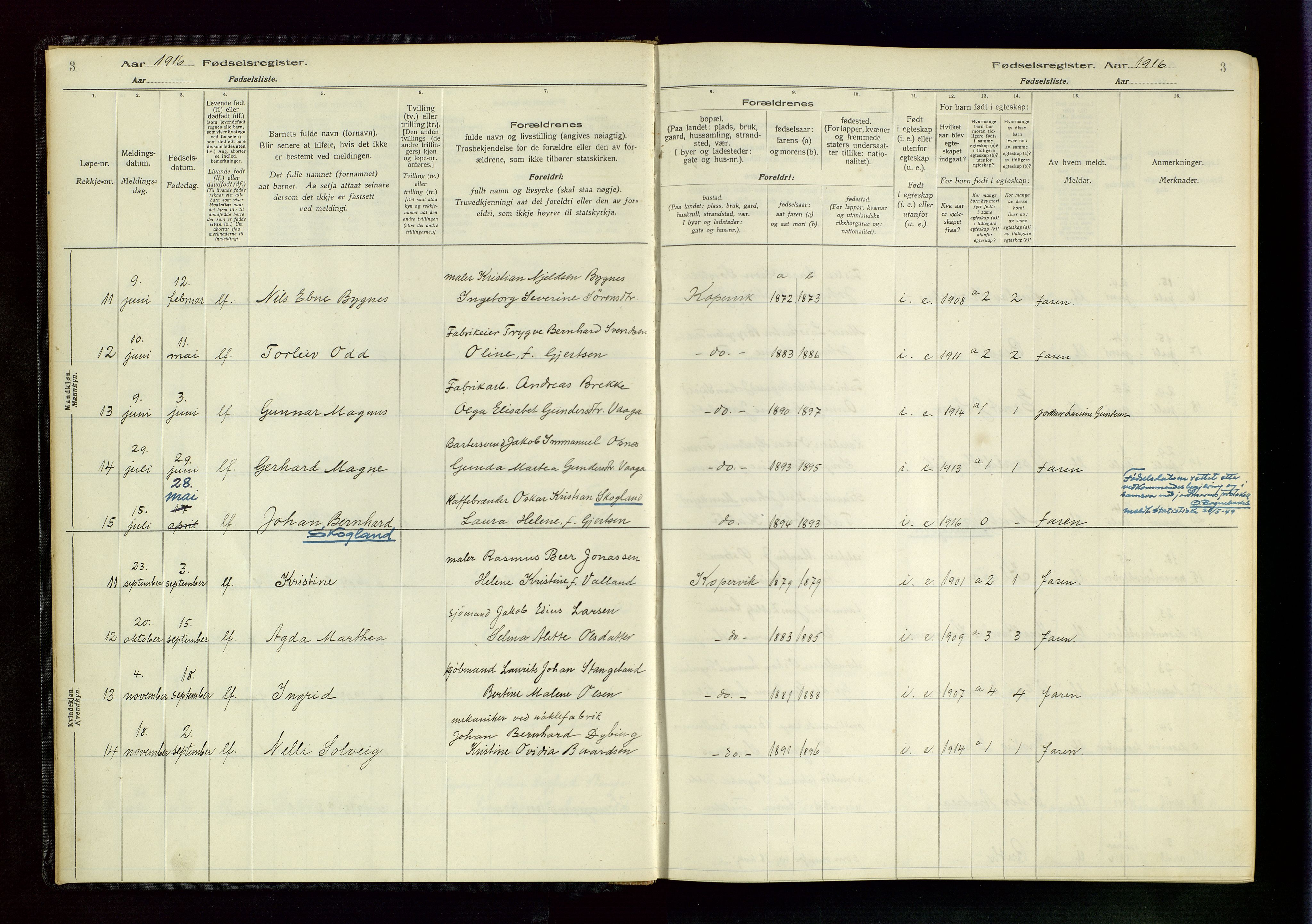 Kopervik sokneprestkontor, AV/SAST-A-101850/I/Id/L0001: Fødselsregister nr. 1, 1916-1952, s. 3