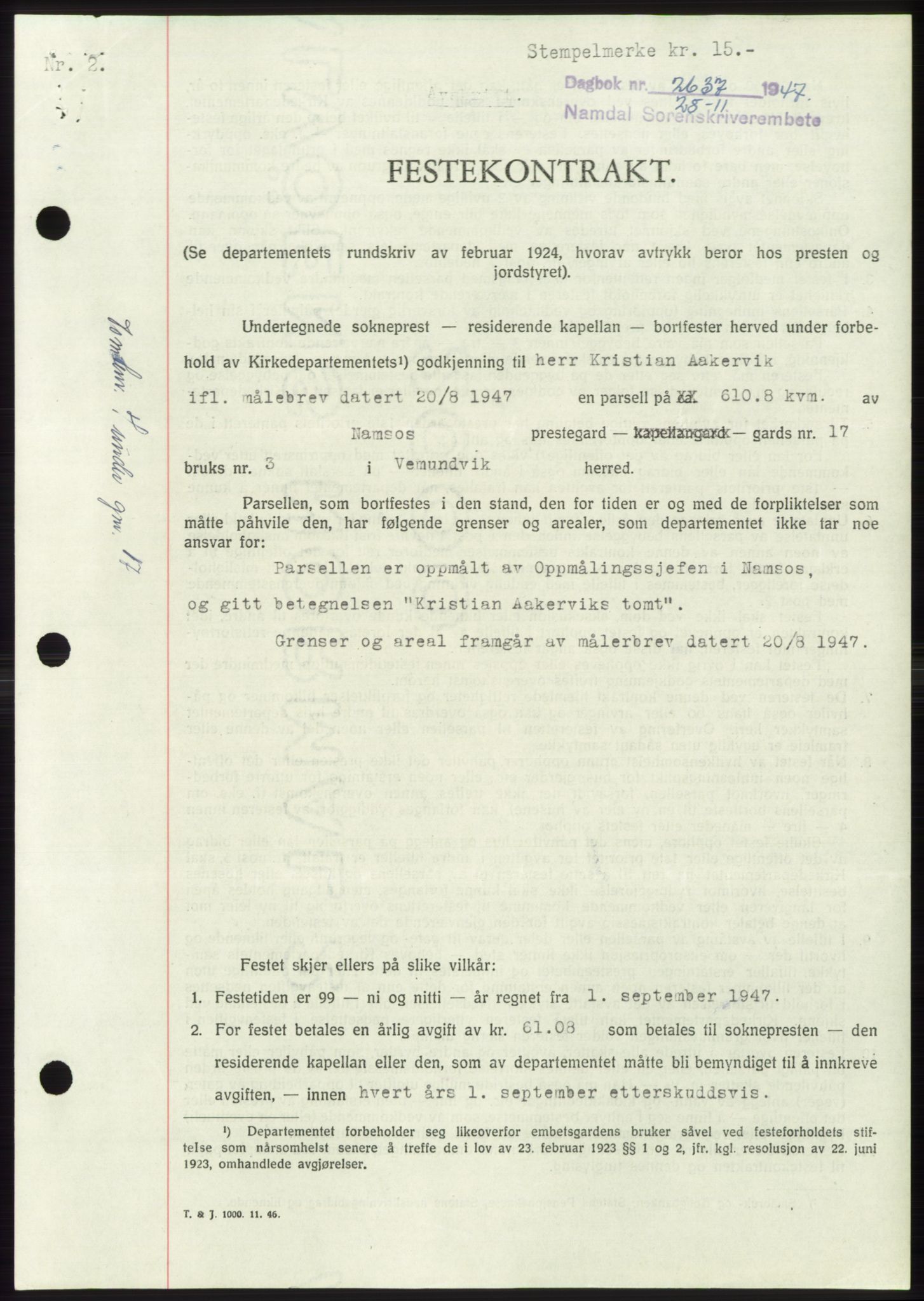 Namdal sorenskriveri, SAT/A-4133/1/2/2C: Pantebok nr. -, 1947-1948, Dagboknr: 2637/1947