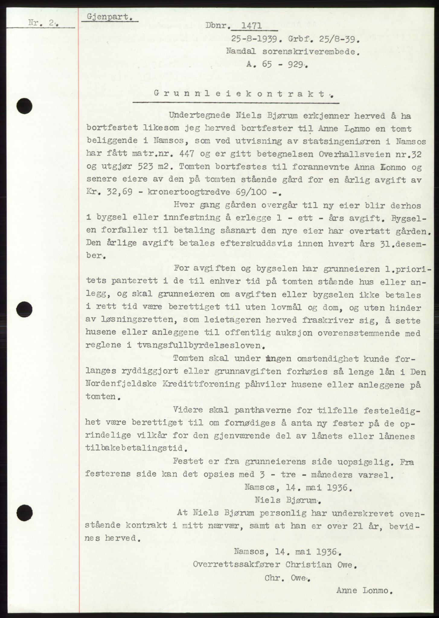 Namdal sorenskriveri, SAT/A-4133/1/2/2C: Pantebok nr. -, 1937-1939, Tingl.dato: 25.08.1939